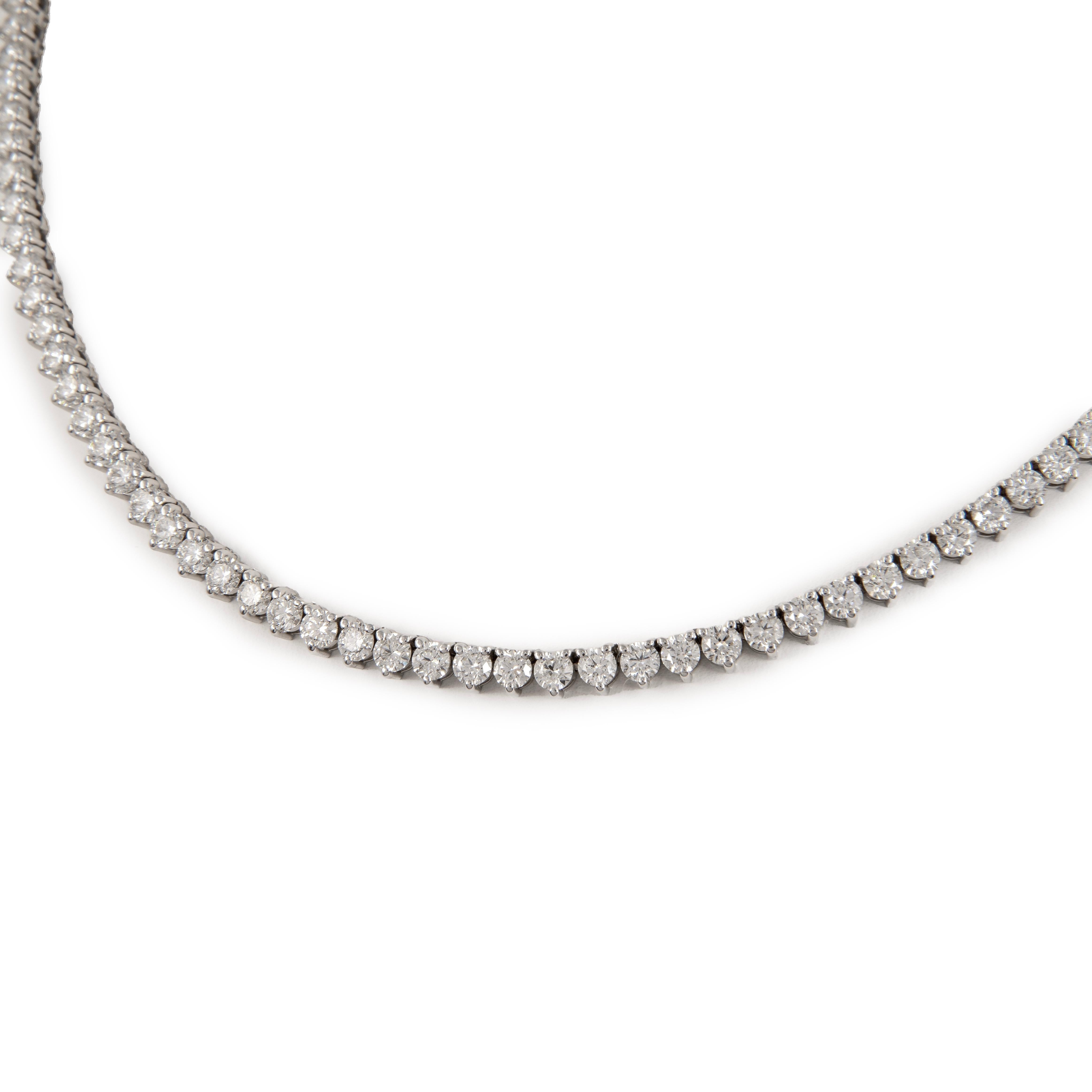Contemporary Alexander 16.26 Carat Diamond Tennis Necklace Three Prong 18k White Gold For Sale