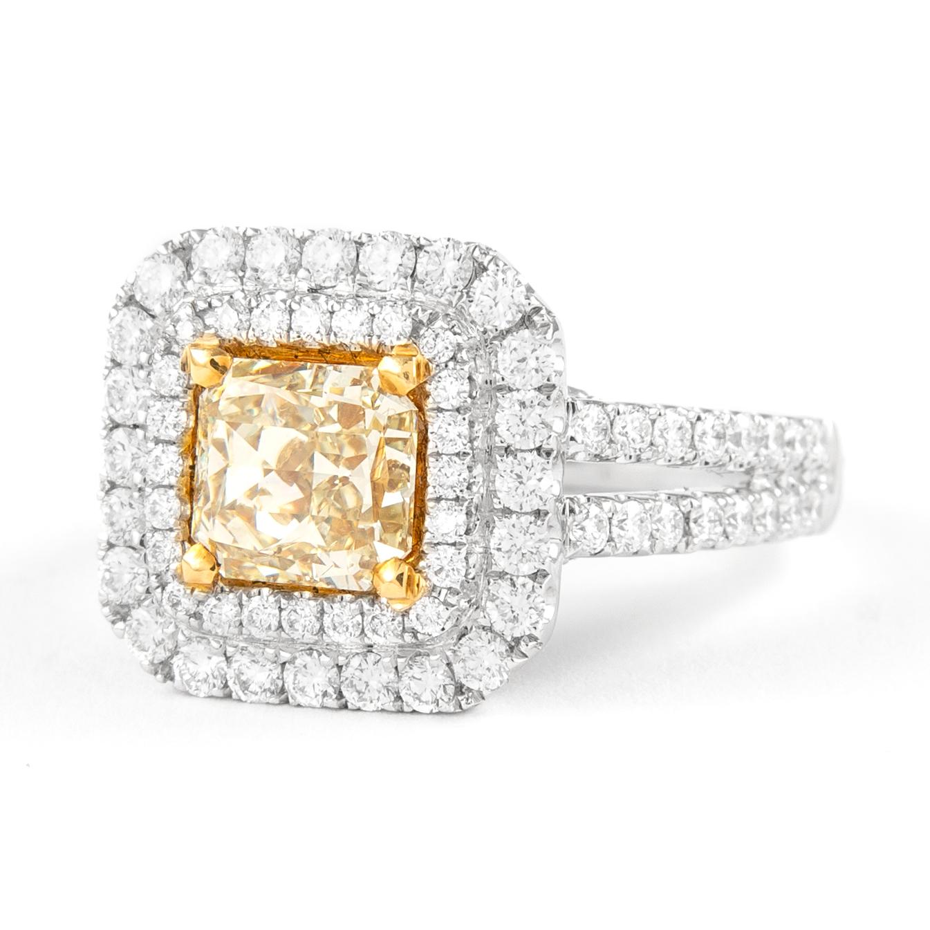 Contemporary Alexander 1.62ct Fancy Intense Yellow Diamond Double Halo Ring 18k Two Tone For Sale