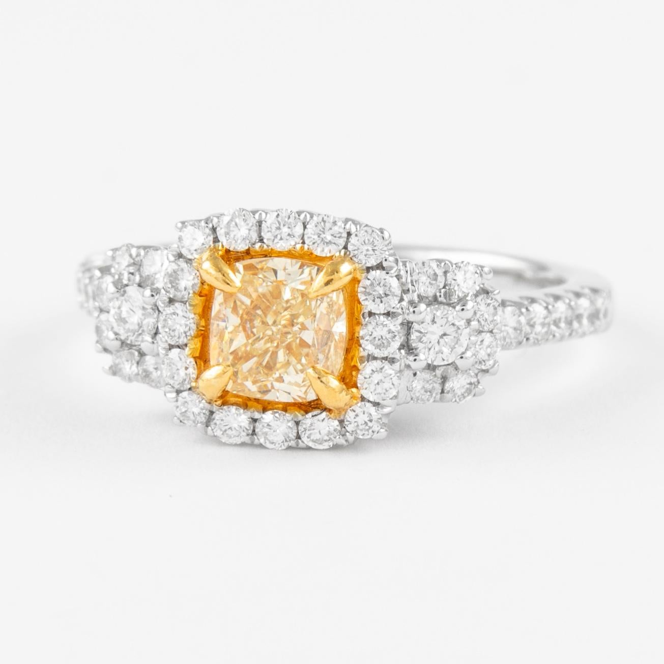 Contemporary Alexander 1.63ctt Fancy Intense Yellow VS2 Diamond Three-Stone Halo Ring 18k For Sale