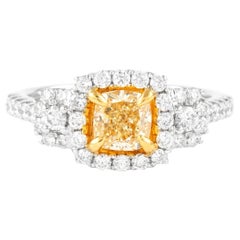 Alexander 1,63 Karat Ausgefallener intensiv gelber VS2 Diamant-Dreistein-Halo-Ring 18k