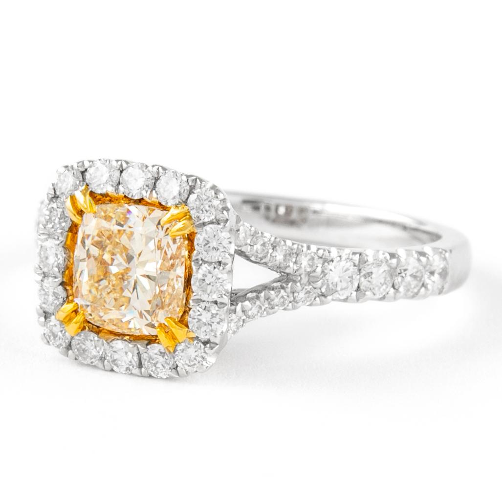 Contemporary Alexander 1.63ctt Fancy Light Yellow VS1 Cushion Diamond with Halo Ring 18k For Sale