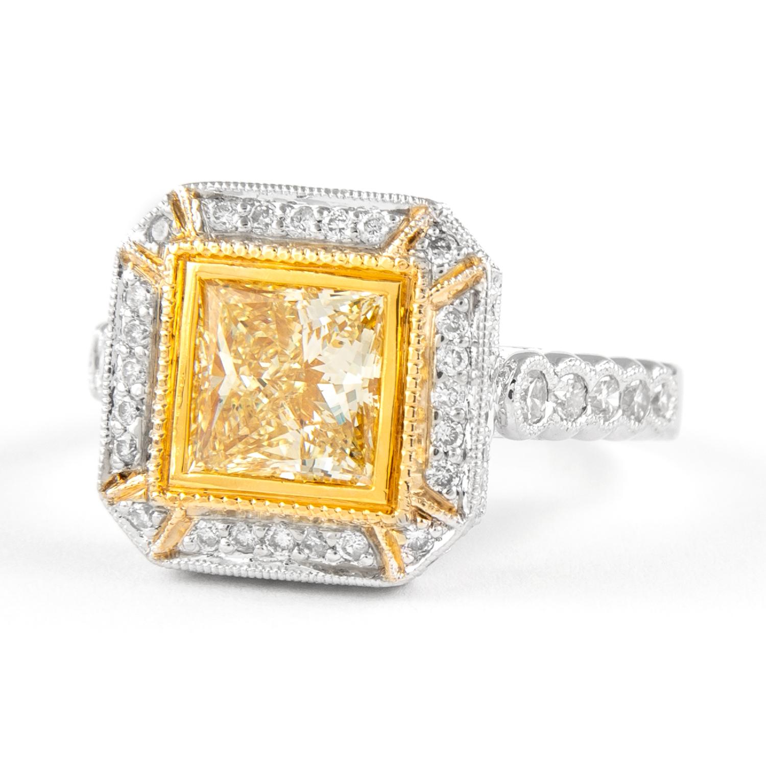 Contemporary Alexander 1.64ct Princess Cut Fancy Yellow Diamond Halo Ring 18k Two Tone For Sale