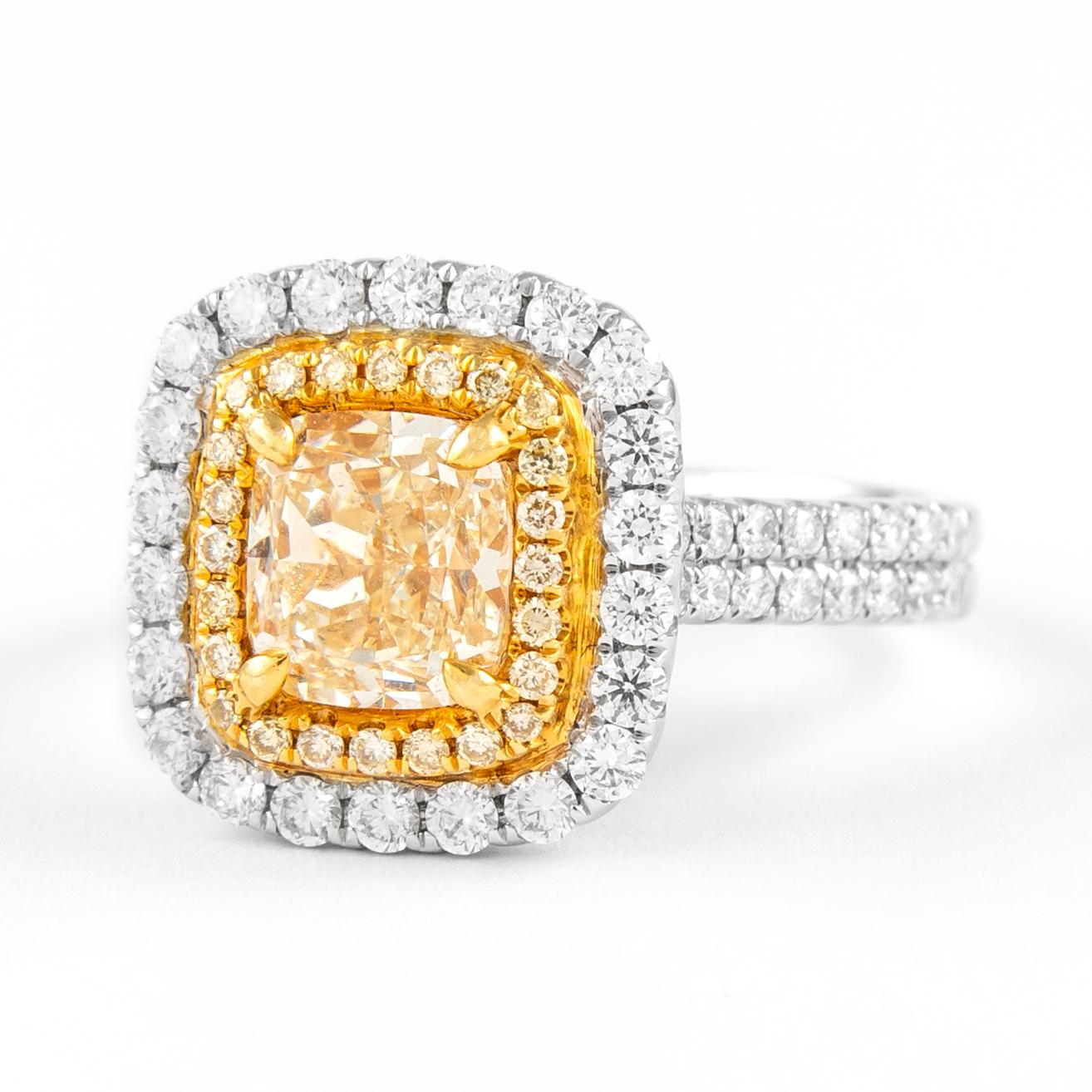 Contemporary Alexander 1.65ct Cushion Fancy Yellow VS2 Diamond Double Halo Ring 18k Two Tone For Sale