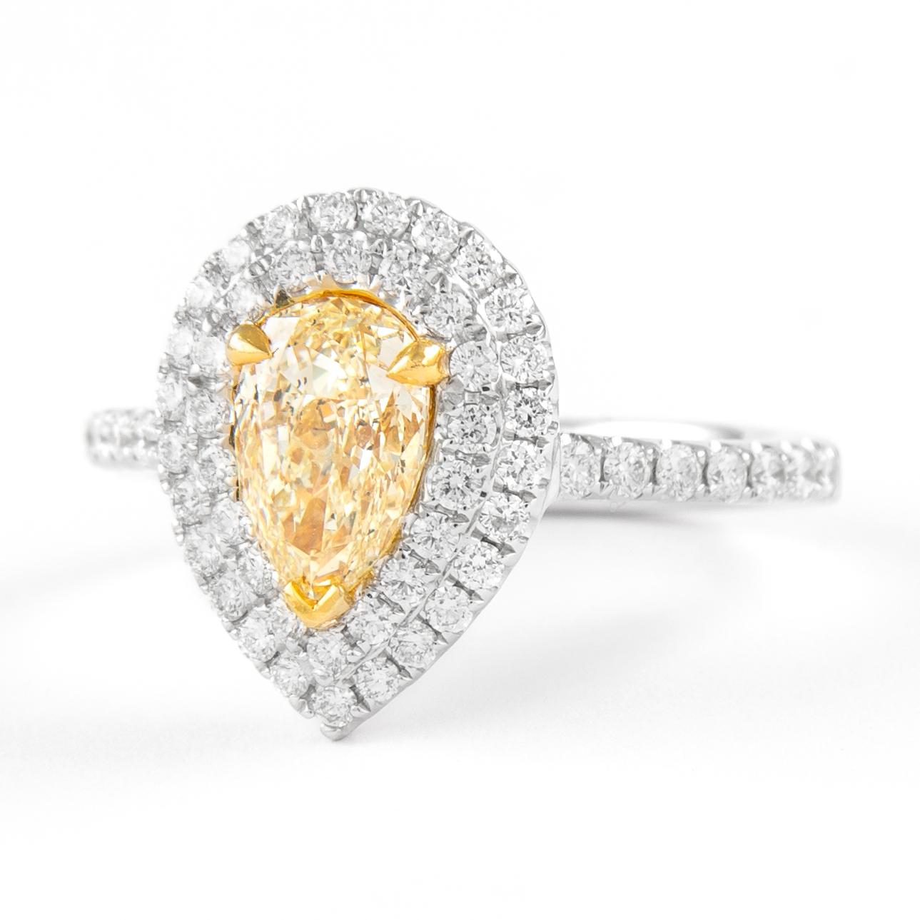 Contemporary Alexander 1.68ctt Fancy Intense Yellow Pear Diamond Double Halo Ring 18k For Sale