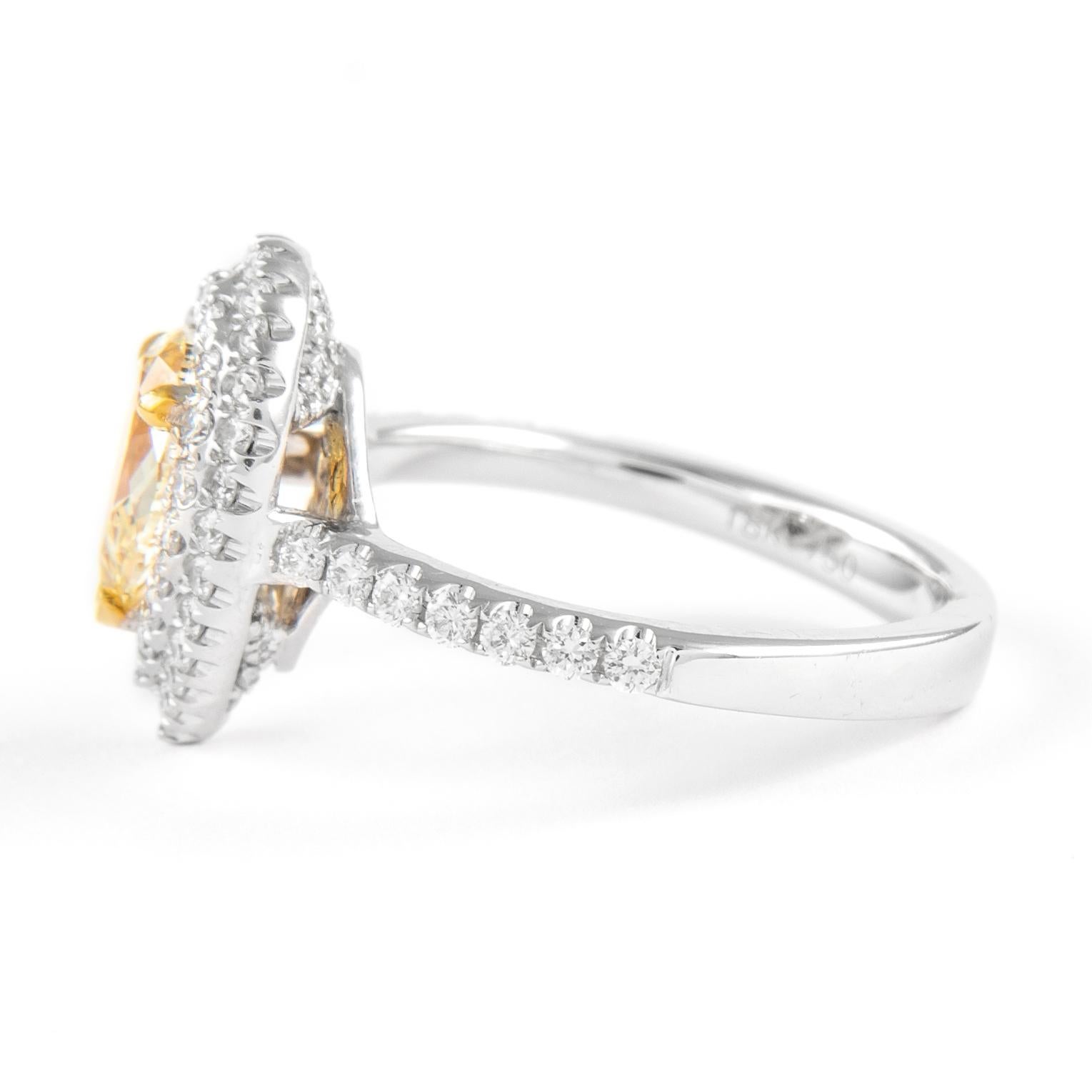Pear Cut Alexander 1.68ctt Fancy Intense Yellow Pear Diamond Double Halo Ring 18k For Sale