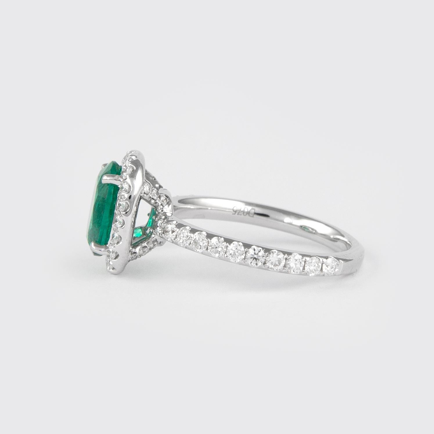Modern Alexander 1.72 Carat Emerald with Diamond Halo Ring 18 Karat White Gold