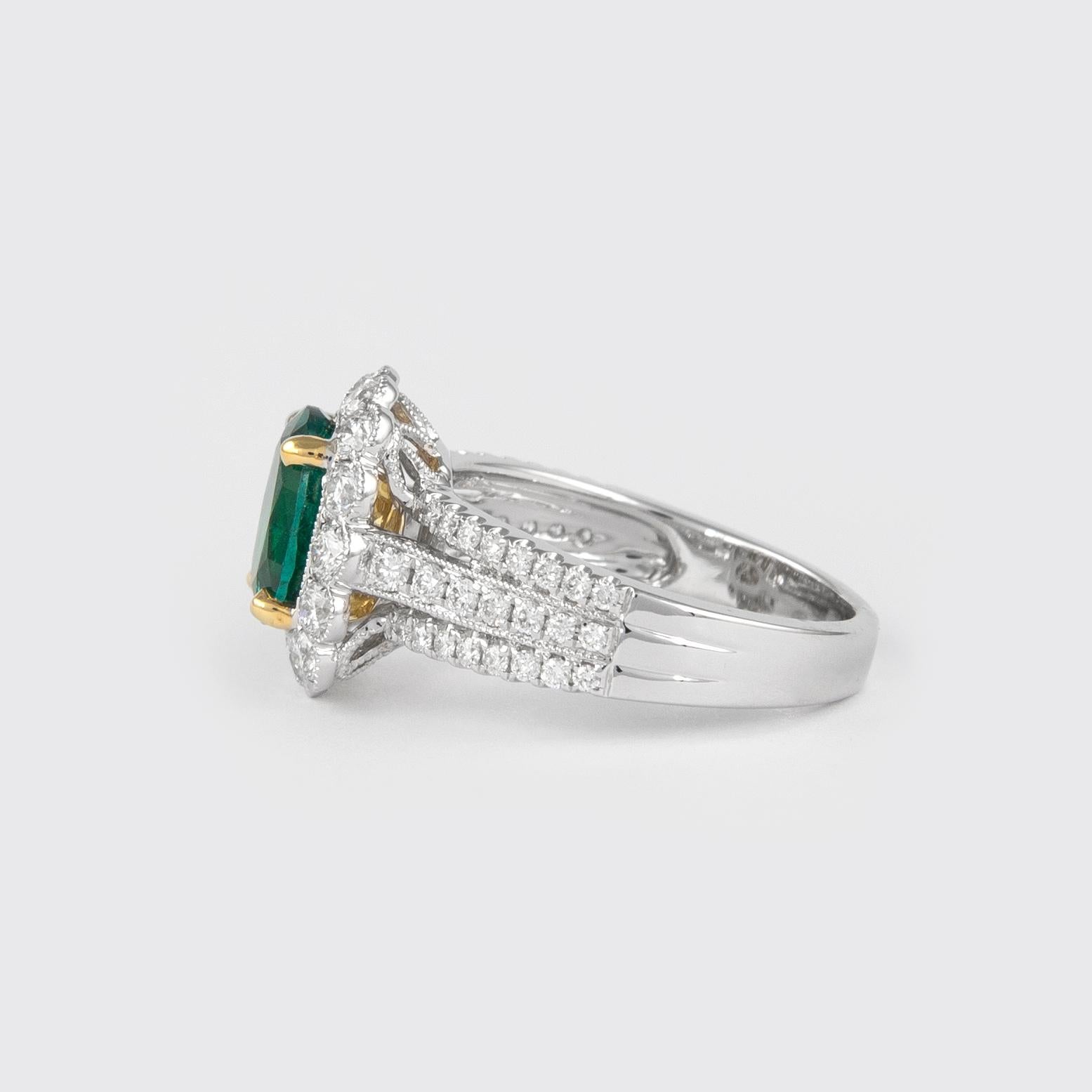 Contemporary Alexander 1.72 Carat Emerald with Diamond Halo Ring 18 Karat White Gold