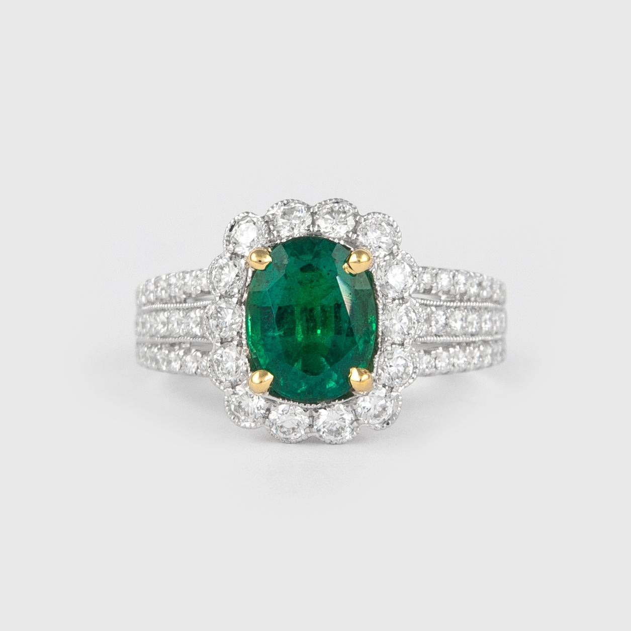 Alexander 1.72 Carat Emerald with Diamond Halo Ring 18 Karat White Gold In New Condition In BEVERLY HILLS, CA