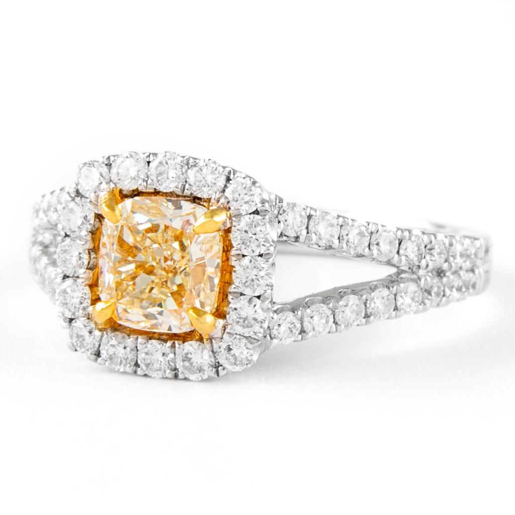 Contemporary Alexander 1.72ctt Fancy Yellow Cushion VS1 Diamond with Halo Ring 18k Two Tone For Sale