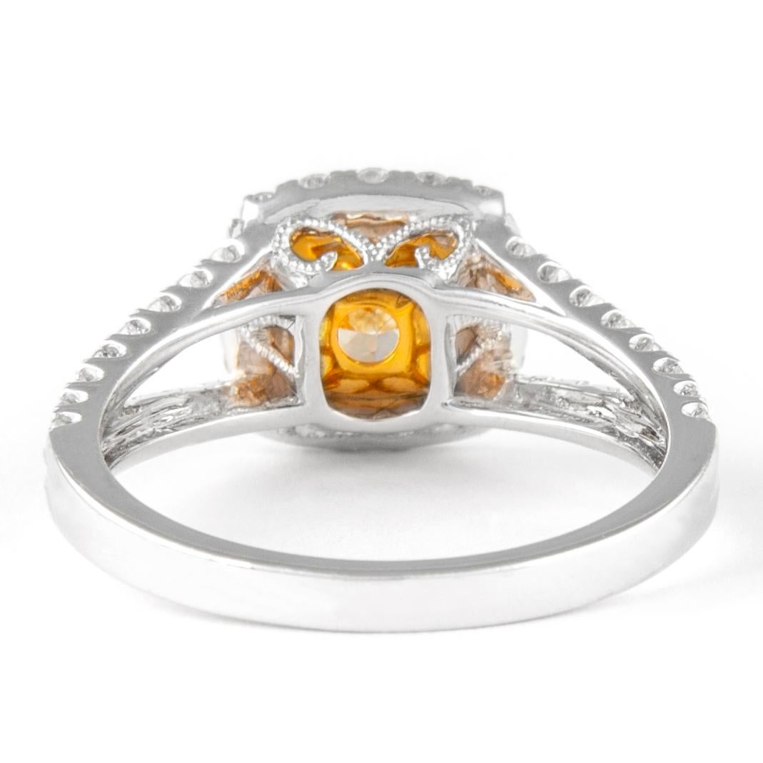 Alexander 1.72ctt Fancy Yellow Cushion VS1 Diamond with Halo Ring 18k Two Tone In New Condition For Sale In BEVERLY HILLS, CA