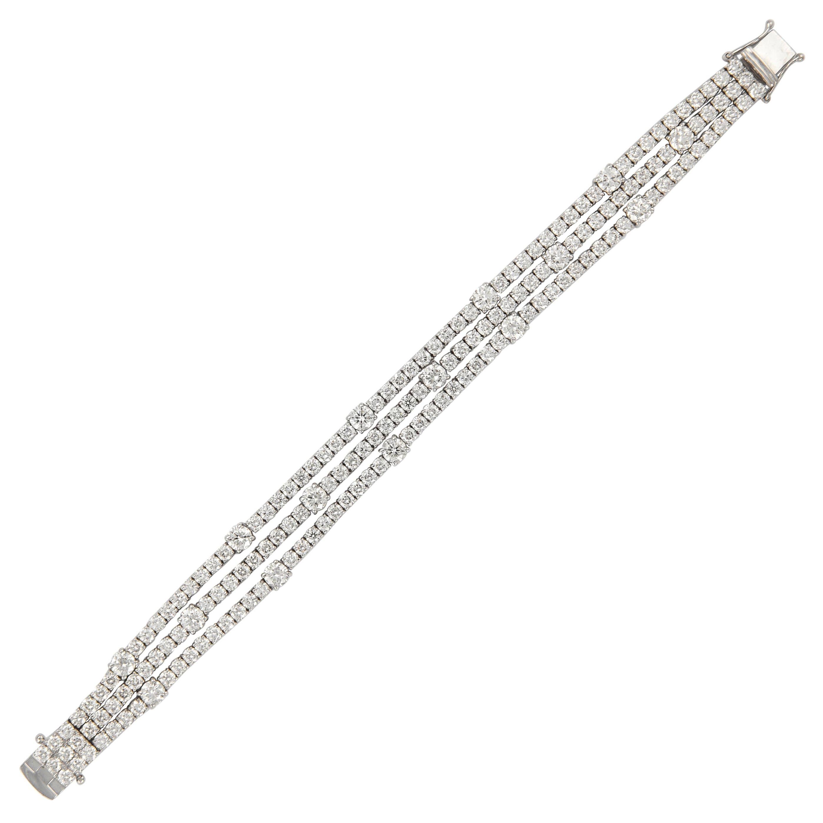Alexander 17.40 Carat Three-Row Diamond Tennis Bracelet 18 Karat White Gold For Sale