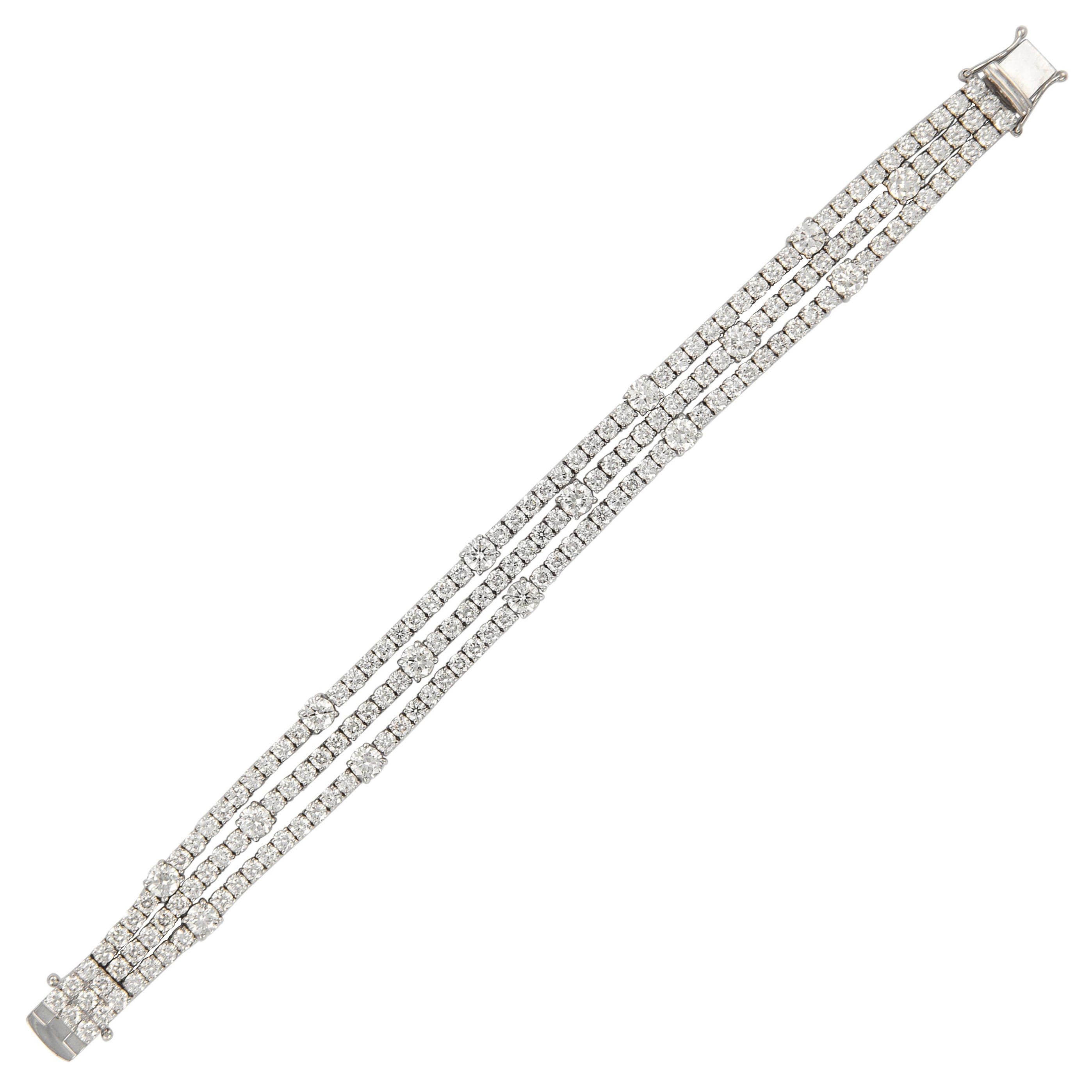 Alexander 17.40 Carat Three-Row Diamond Tennis Bracelet 18 Karat White Gold