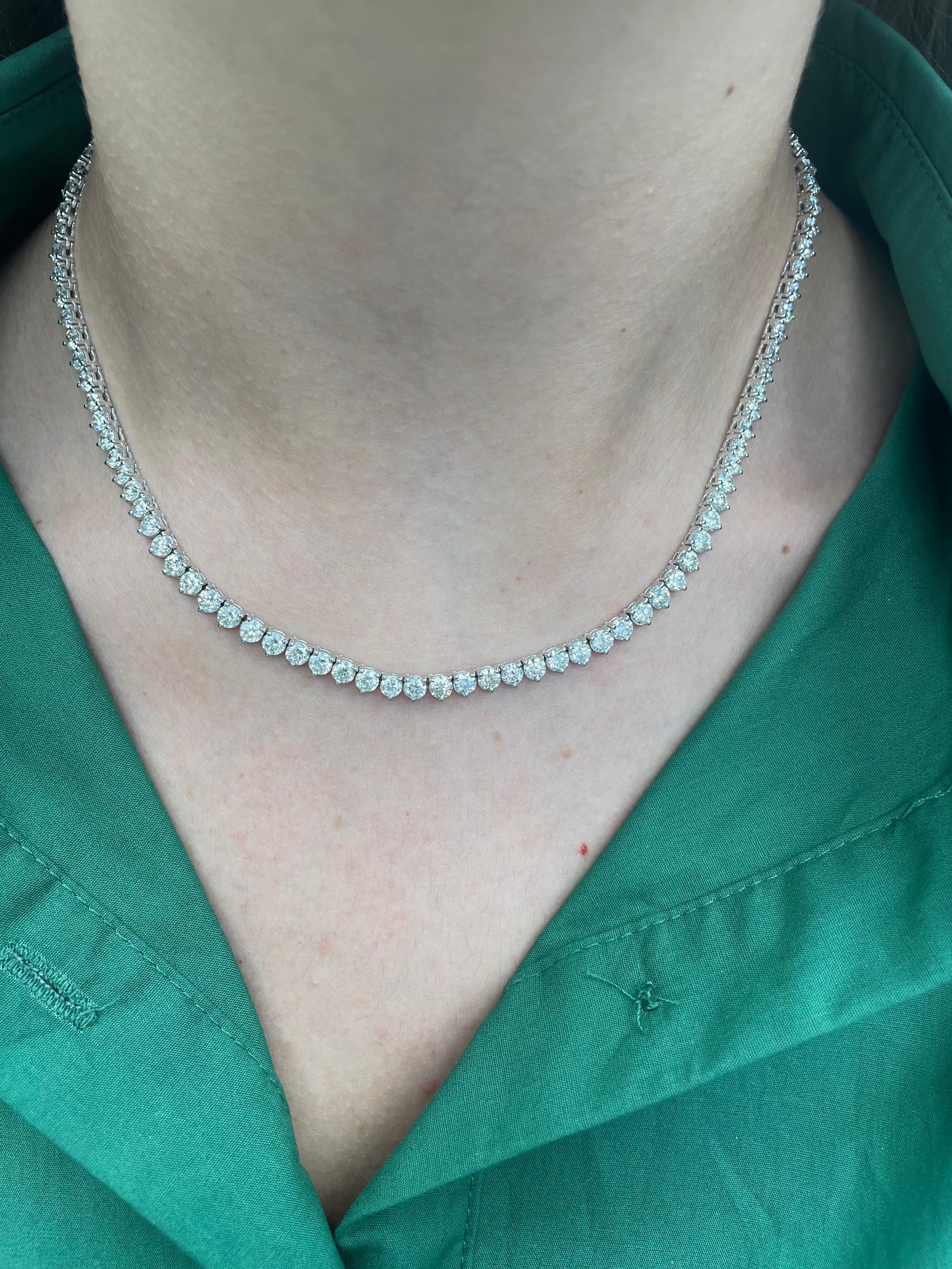 Beautiful and classic diamond tennis necklace, by Alexander Beverly Hills.
17.41 carats of round brilliant diamonds, approximately H/I color and VS clarity. 14k white gold, 21.92 grams, prong set, 17in.
Accommodated with an up-to-date appraisal by a