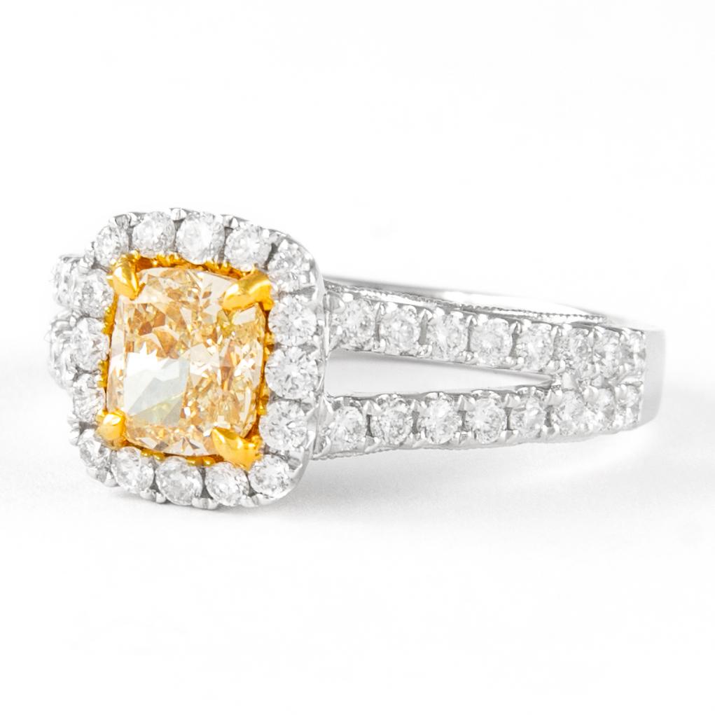 Contemporary Alexander 1.74ctt Fancy Yellow Cushion Diamond with Halo Ring 18k Two Tone For Sale