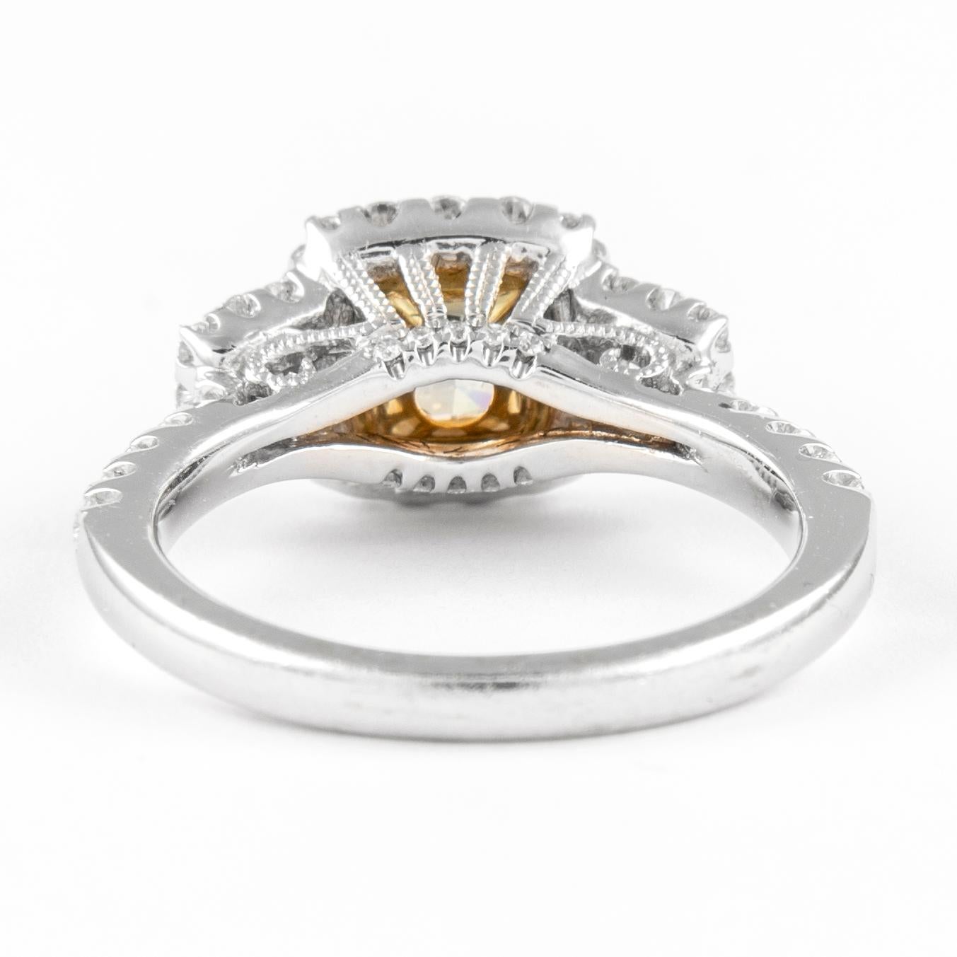 Alexander 1.74ctt Fancy Yellow VS1 Diamond Three-Stone Halo Ring 18k Two Tone In New Condition For Sale In BEVERLY HILLS, CA