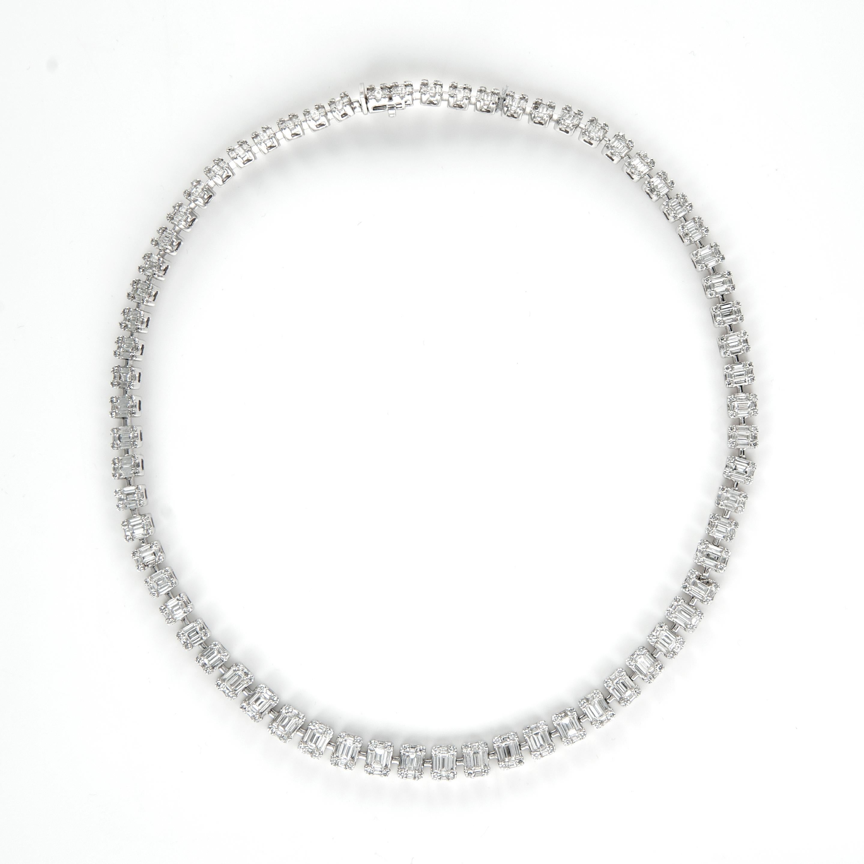 Baguette Cut Alexander 17.55ct Illusion Set Diamond Tennis Necklace 18 Karat White Gold