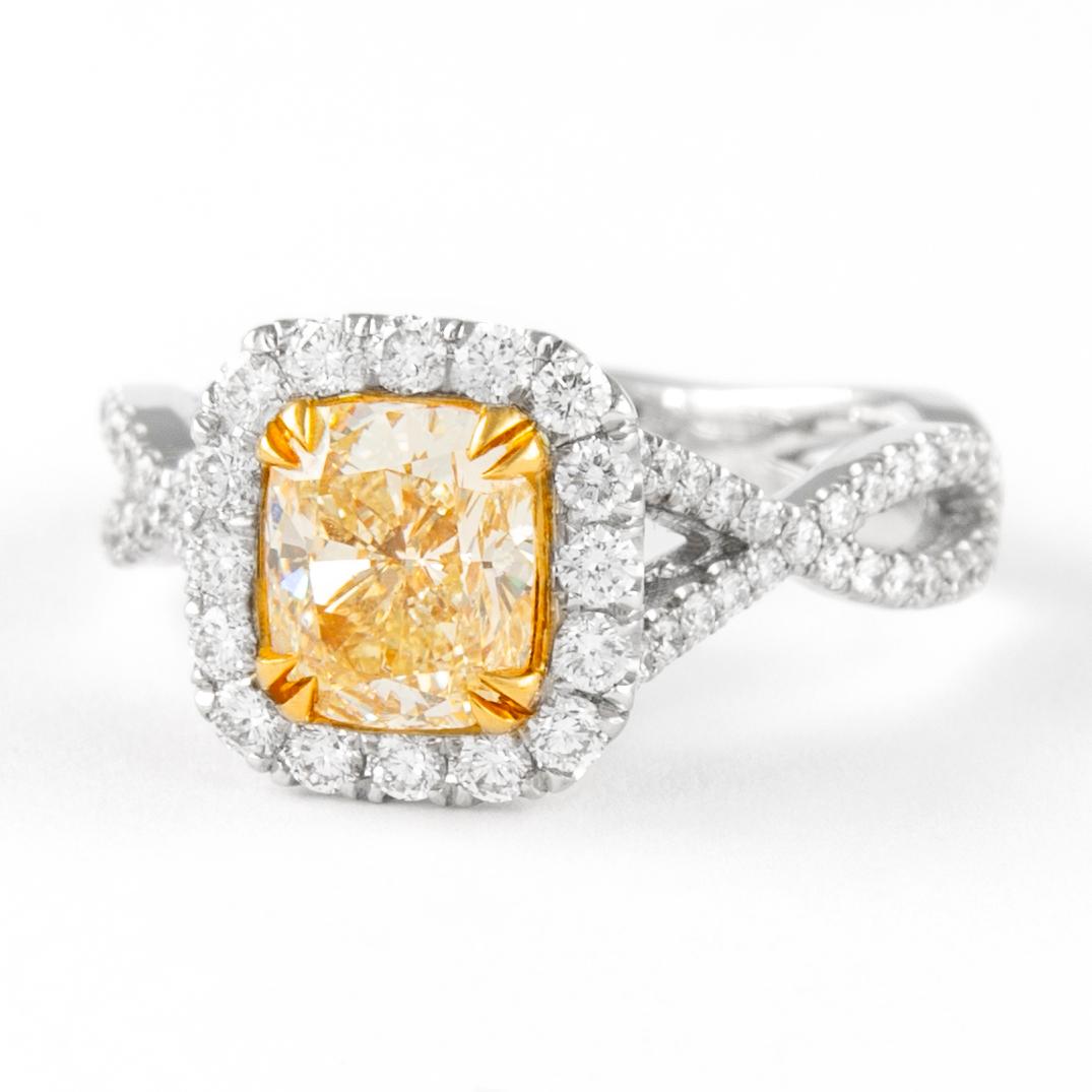 Contemporary Alexander 1.75ctt Fancy Light Yellow Cushion Diamond with Halo Ring 18k Two Tone For Sale