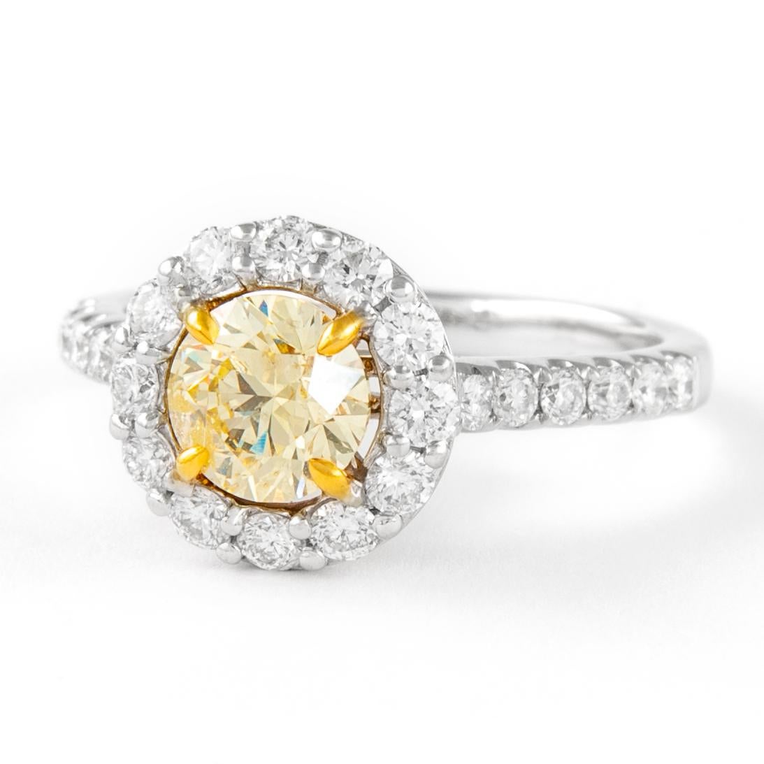 Contemporary Alexander 1.76ctt Fancy Yellow Cushion Diamond with Halo Ring 18k Two Tone For Sale