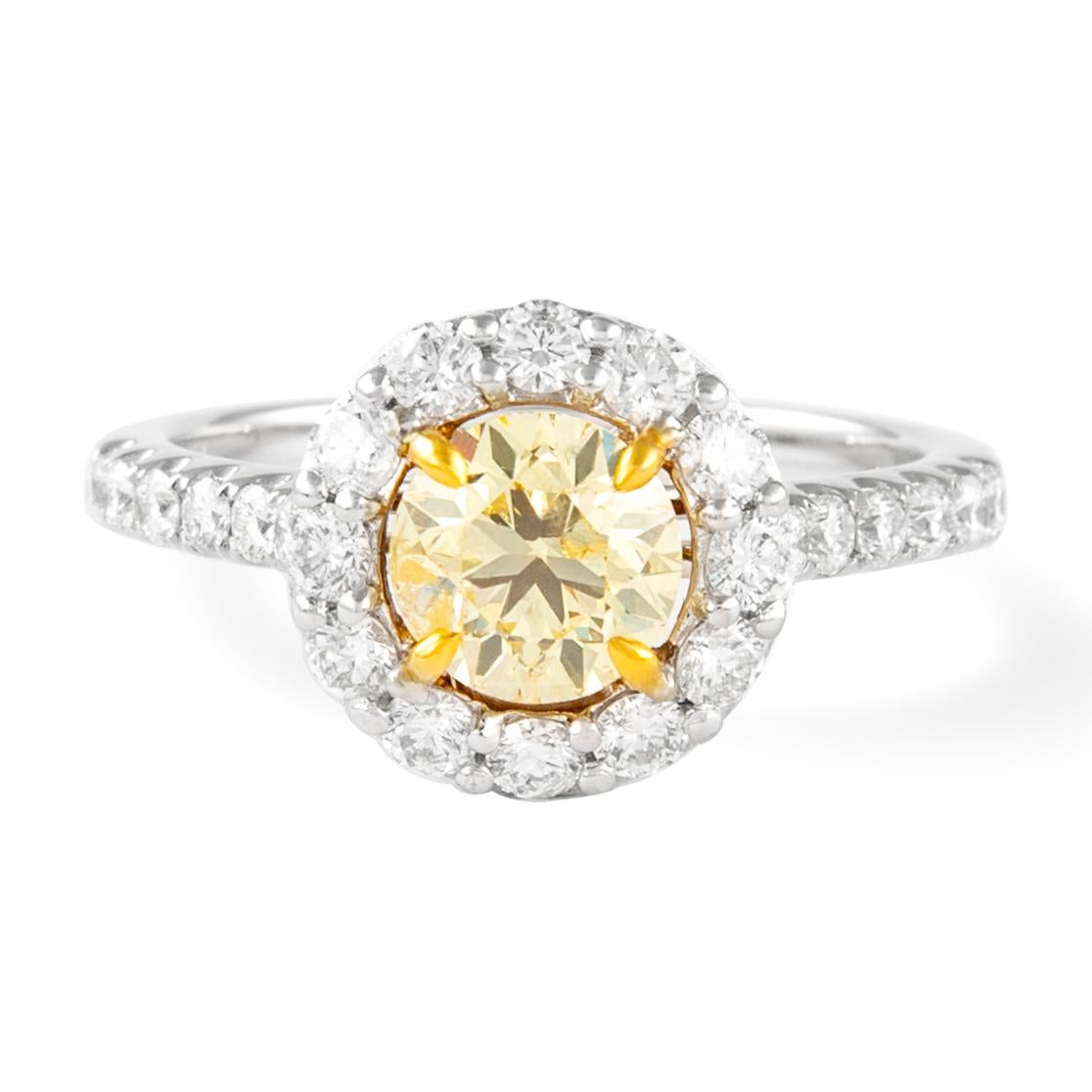 Round Cut Alexander 1.76ctt Fancy Yellow Cushion Diamond with Halo Ring 18k Two Tone For Sale