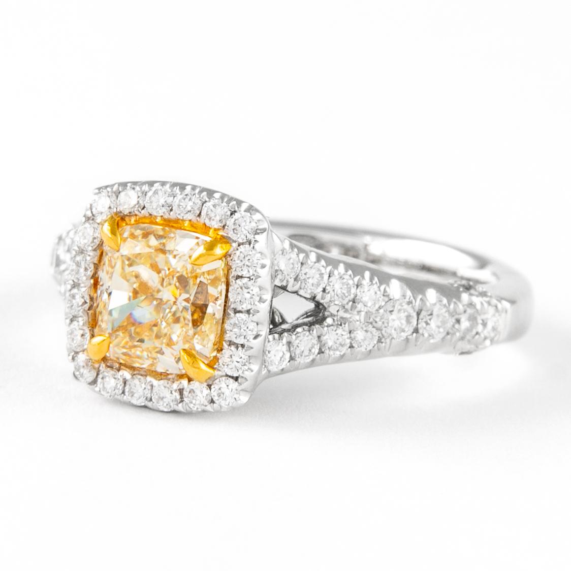 Contemporary Alexander 1.76ctt Fancy Yellow VVS2 Cushion Diamond with Halo Ring 18k Two Tone For Sale