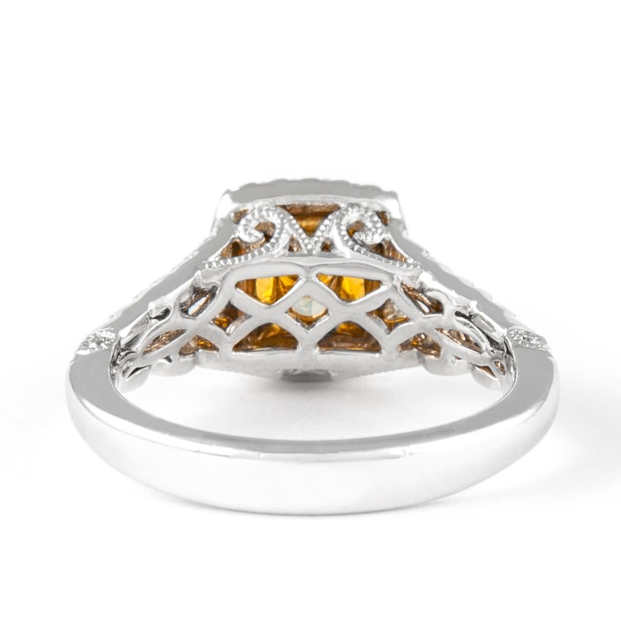 Alexander 1.76ctt Fancy Yellow VVS2 Cushion Diamond with Halo Ring 18k Two Tone In New Condition For Sale In BEVERLY HILLS, CA