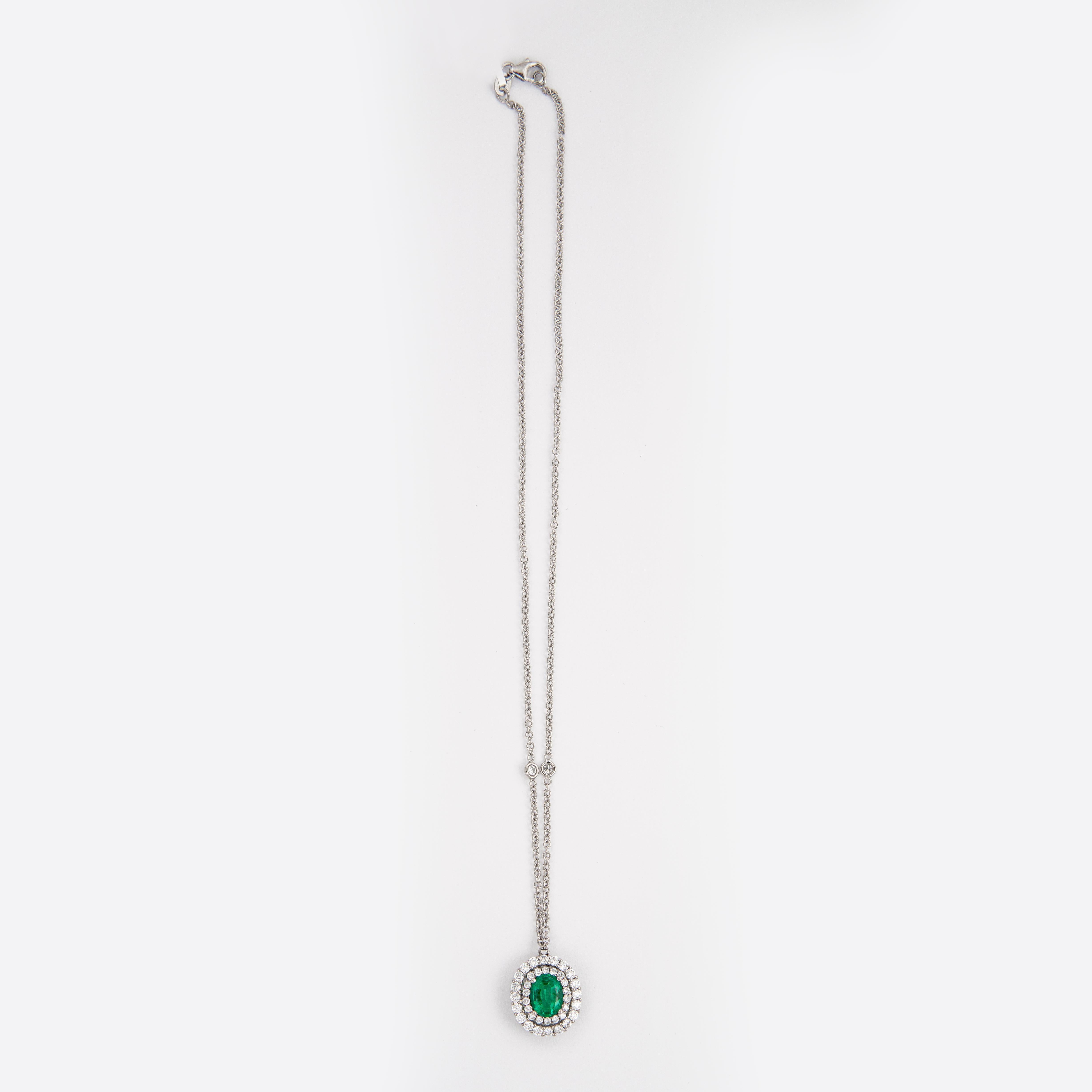 Contemporary Alexander 1.78ct Oval Emerald with Diamond Halo 18k White Gold Pendant Necklace