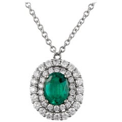 Alexander 1.78ct Oval Emerald with Diamond Halo 18k White Gold Pendant Necklace