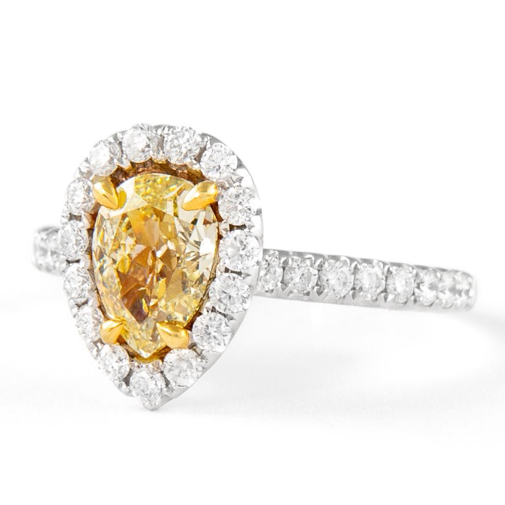 Contemporary Alexander Beverly Hills 1.78ctt Fancy Yellow Pear Diamond with Halo Ring 18k For Sale
