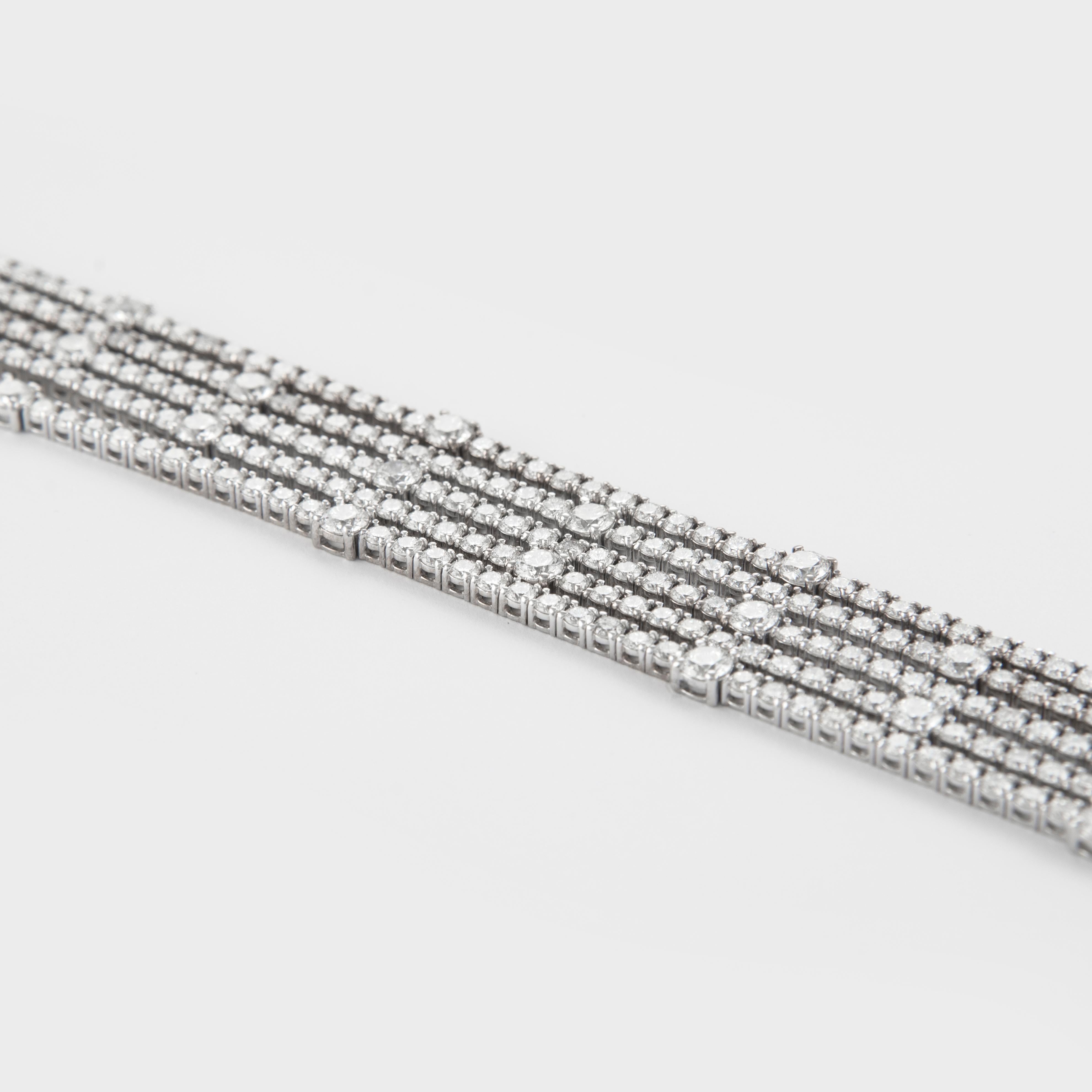 Modern Alexander 17.97 Carat Five-Row Diamond Tennis Bracelet 18 Karat White Gold For Sale