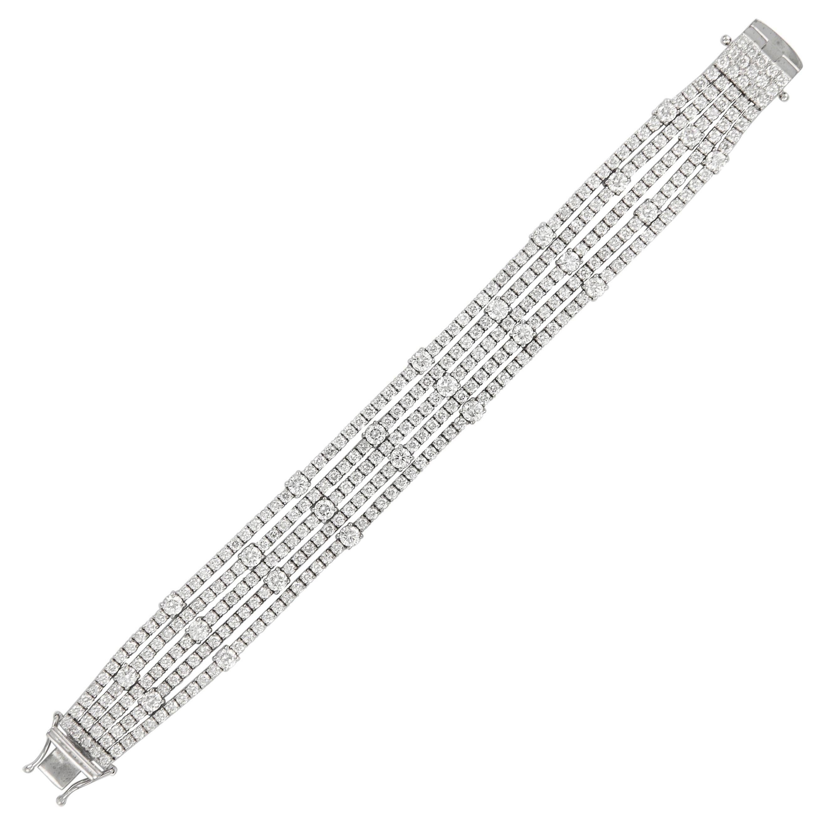 Alexander 17.97 Carat Five-Row Diamond Tennis Bracelet 18 Karat White Gold For Sale