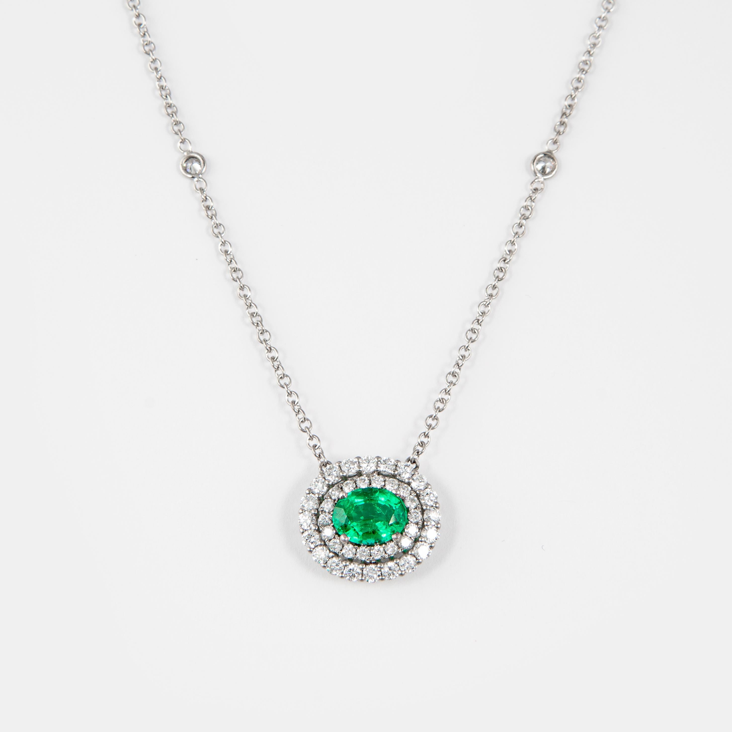 Contemporary Alexander 1.79ct Oval Emerald with Diamond Halo 18k White Gold Pendant Necklace