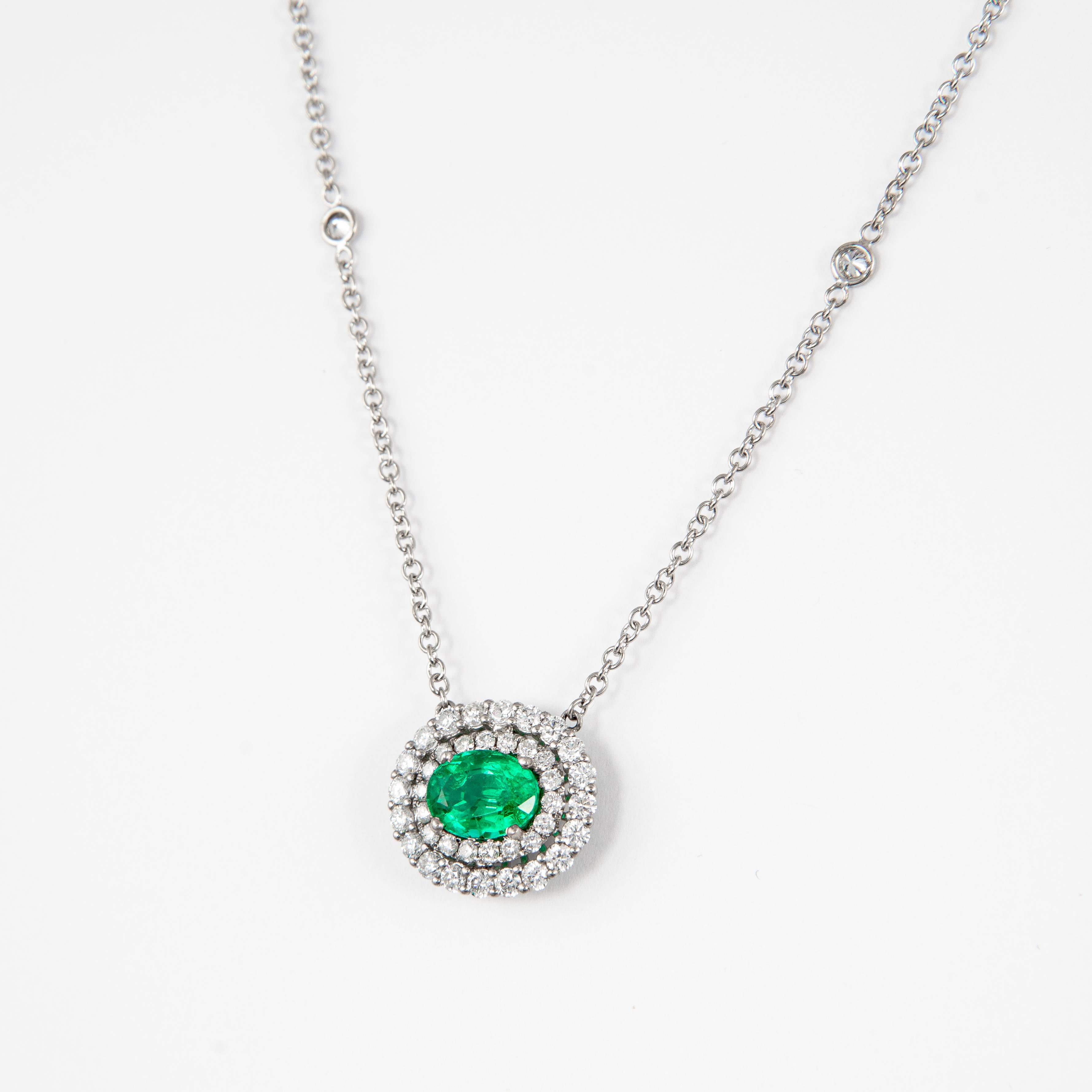Oval Cut Alexander 1.79ct Oval Emerald with Diamond Halo 18k White Gold Pendant Necklace