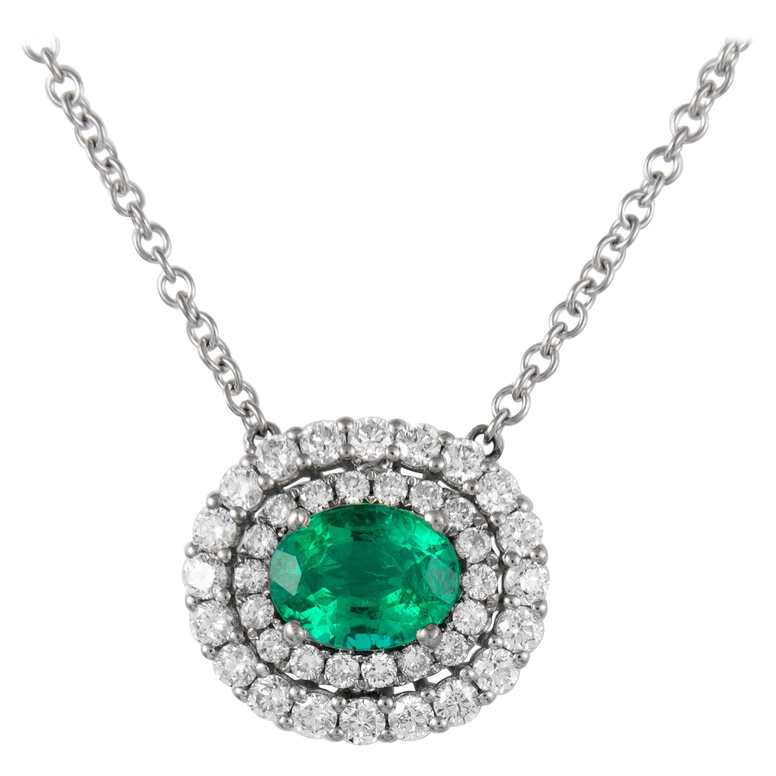 Alexander 1.79ct Oval Emerald with Diamond Halo 18k White Gold Pendant Necklace