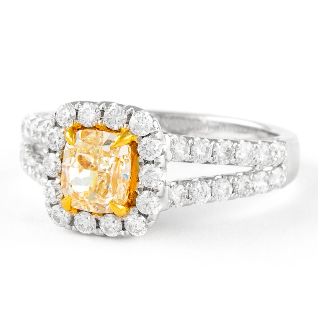 Contemporary Alexander 1.79ctt Fancy Yellow Cushion VS1 Diamond with Halo Ring 18k Two Tone For Sale
