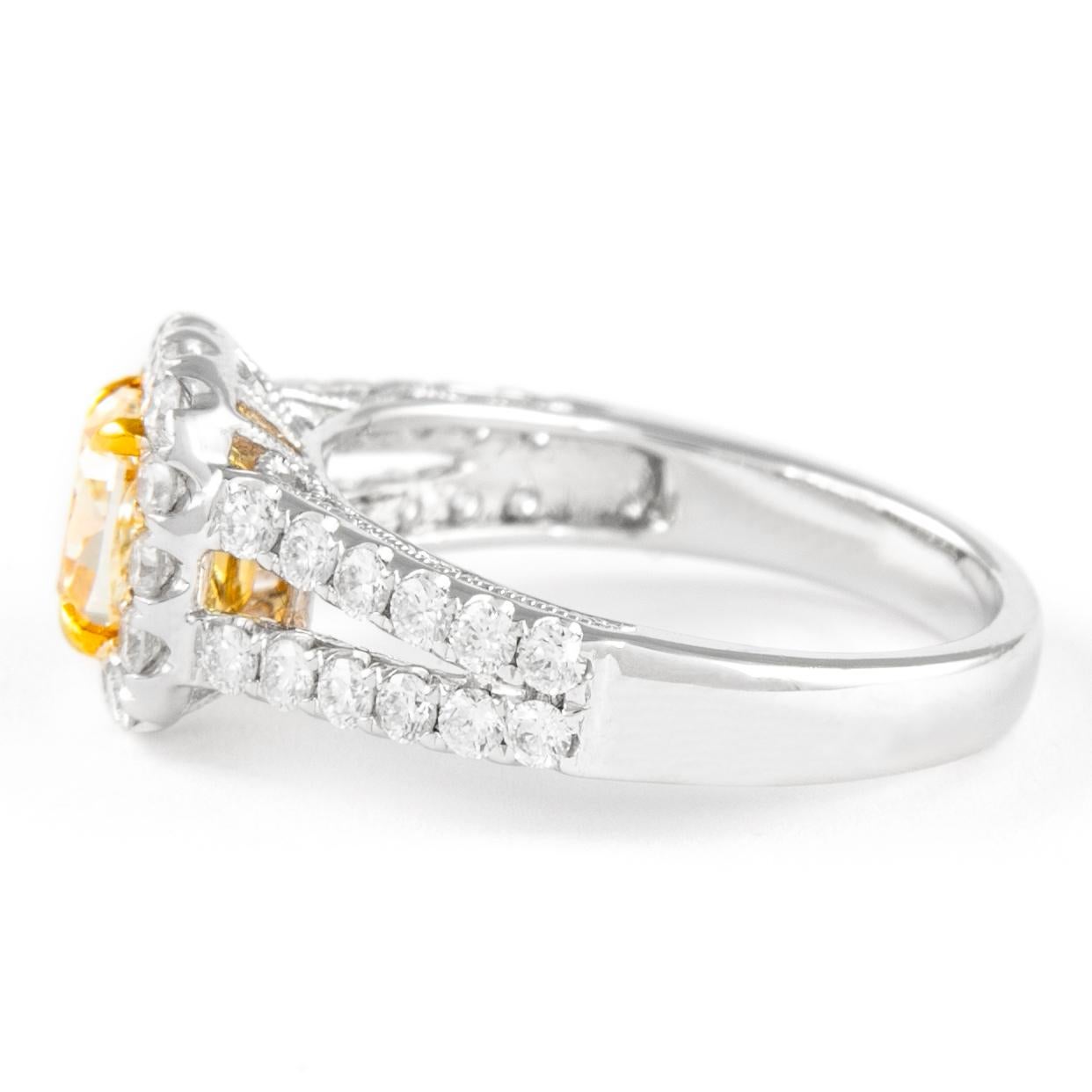 Cushion Cut Alexander 1.79ctt Fancy Yellow Cushion VS1 Diamond with Halo Ring 18k Two Tone For Sale