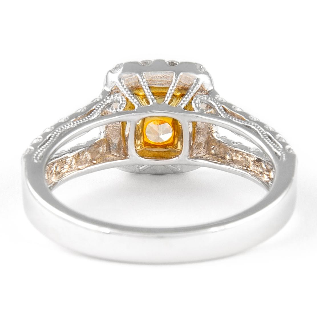 Alexander 1.79ctt Fancy Yellow Cushion VS1 Diamond with Halo Ring 18k Two Tone In New Condition For Sale In BEVERLY HILLS, CA