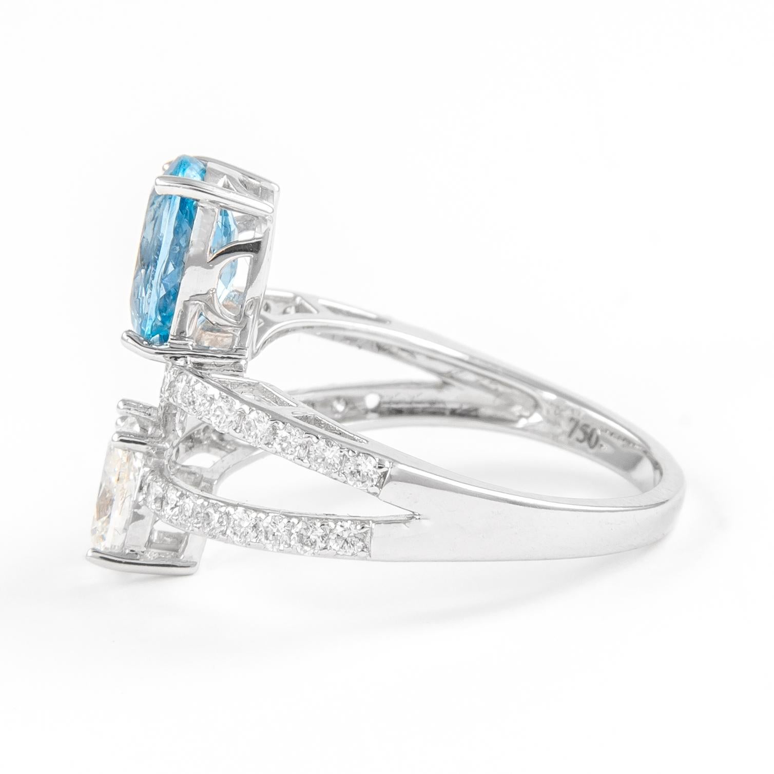 Contemporary Alexander 1.81 Carat Oval Aquamarine and Pear Diamond Ring 18k White Gold