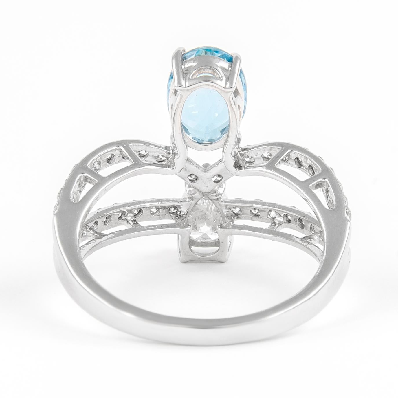 Oval Cut Alexander 1.81 Carat Oval Aquamarine and Pear Diamond Ring 18k White Gold