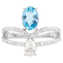 Alexander 1.81 Carat Oval Aquamarine and Pear Diamond Ring 18k White Gold