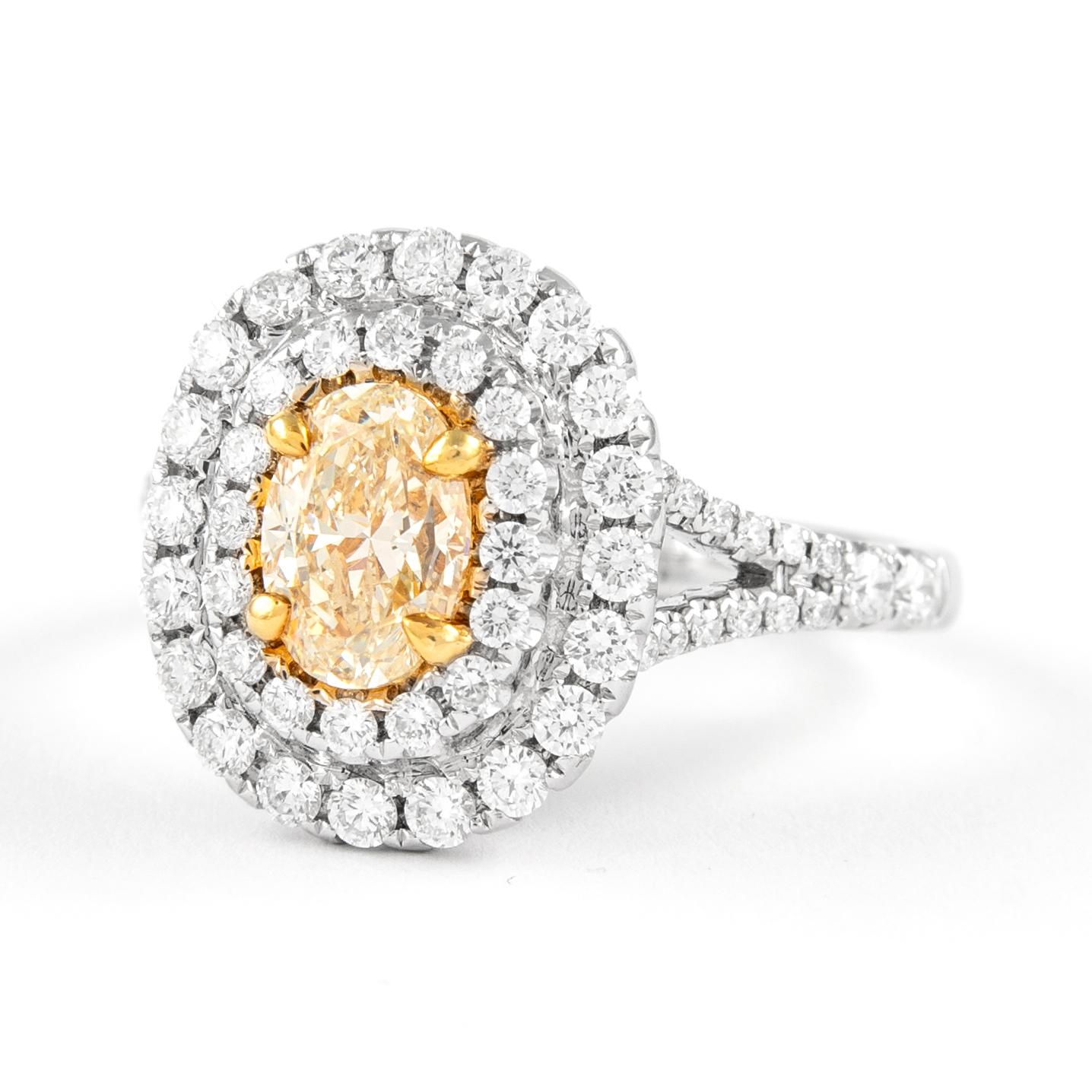 Alexander 1,83 Karat Ausgefallener gelber VS2 Diamant-Doppel Halo-Ring 18k Zweifarbiger Ring (Zeitgenössisch) im Angebot
