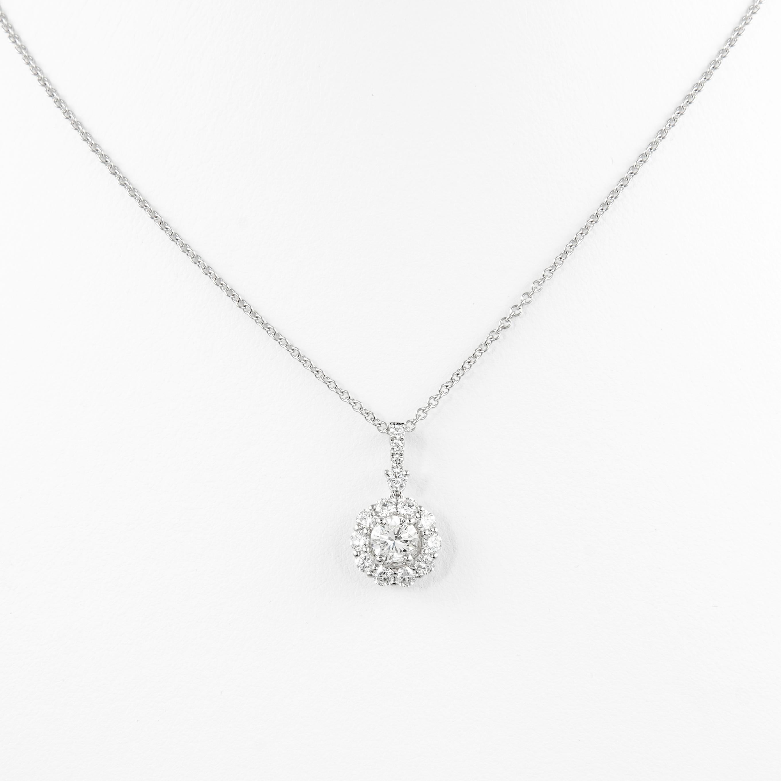Modern Alexander 1.88ct Round Diamond with Halo 18k White Gold Pendant Necklace For Sale