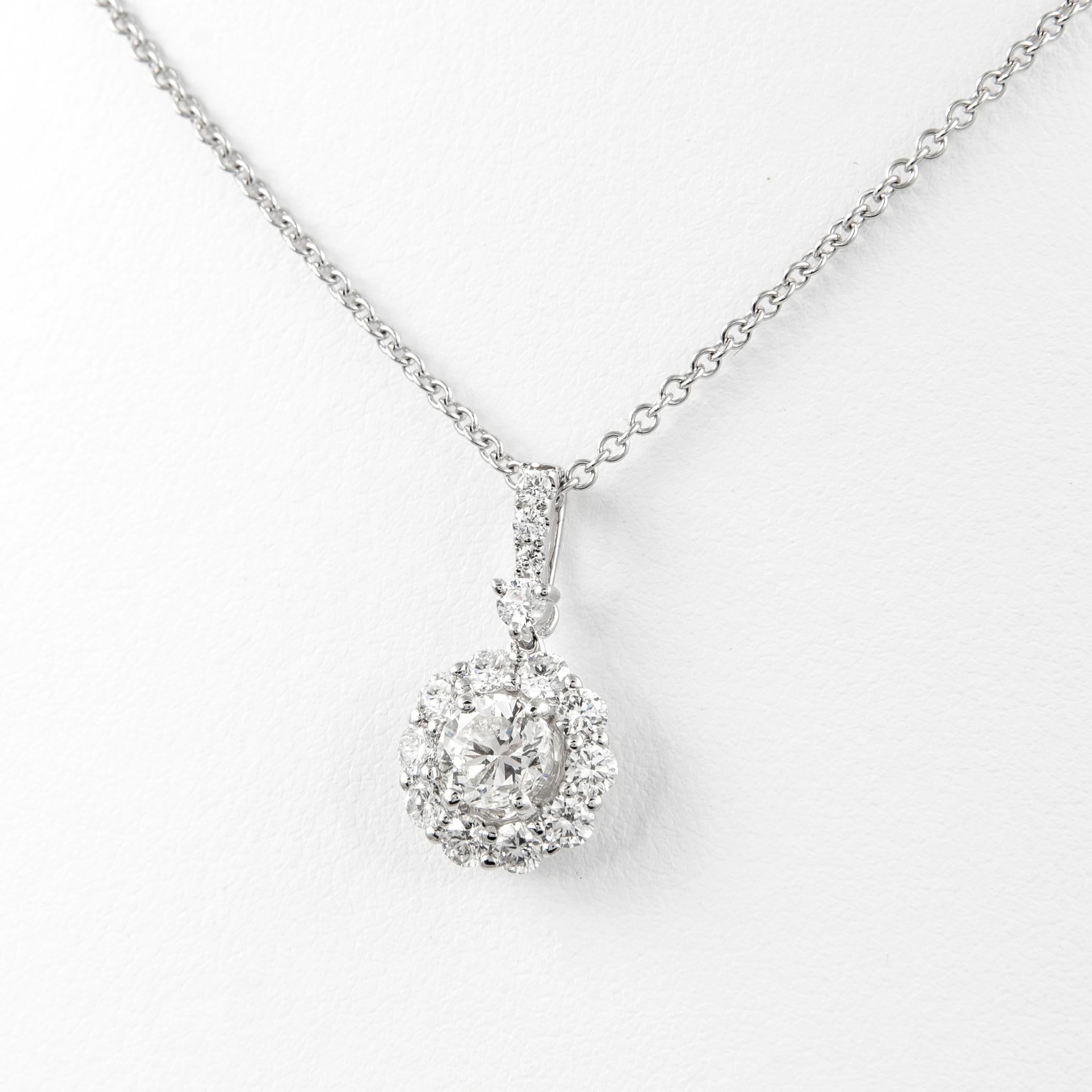 Round Cut Alexander 1.88ct Round Diamond with Halo 18k White Gold Pendant Necklace For Sale