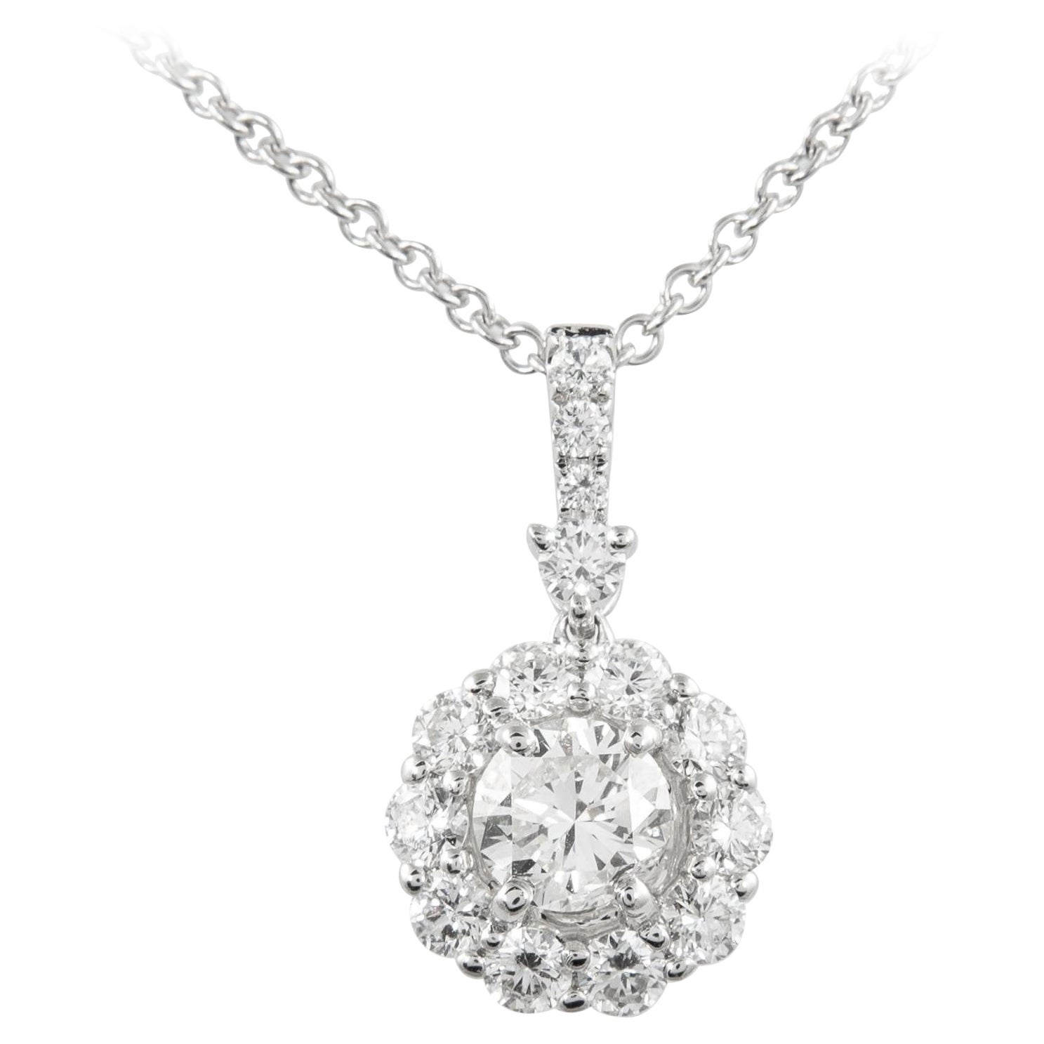 Alexander 1.88ct Round Diamond with Halo 18k White Gold Pendant Necklace For Sale