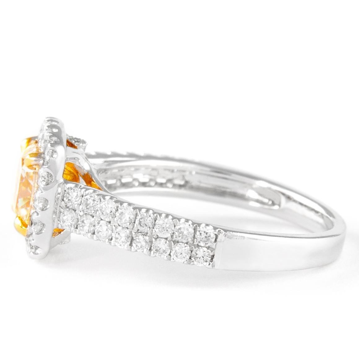 Contemporary Alexander 1.90ctt Fancy Yellow Cushion VS1 Diamond with Halo Ring 18k Two Tone For Sale