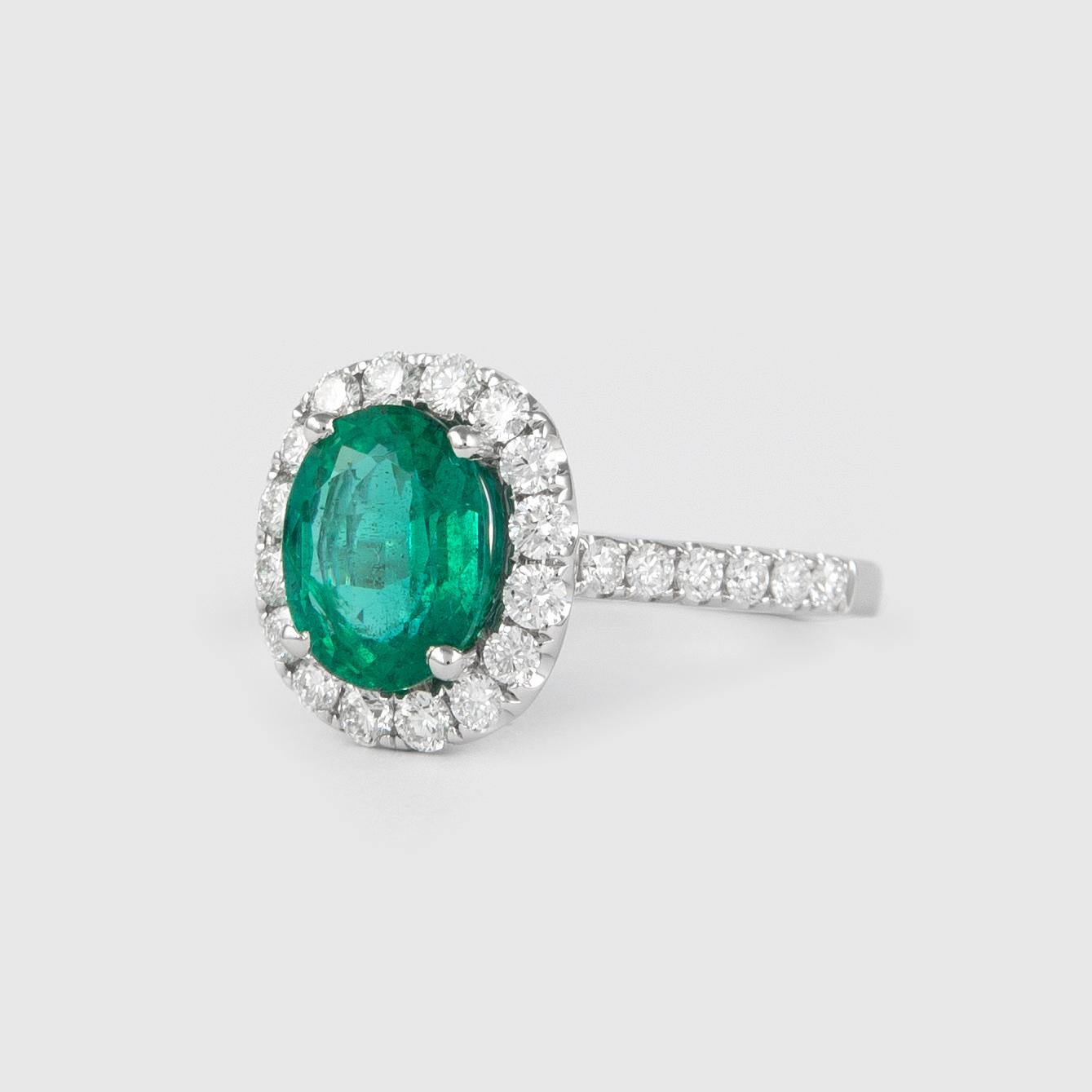 Modern Alexander 1.97 Carat Emerald with Diamond Halo Ring 18 Karat White Gold