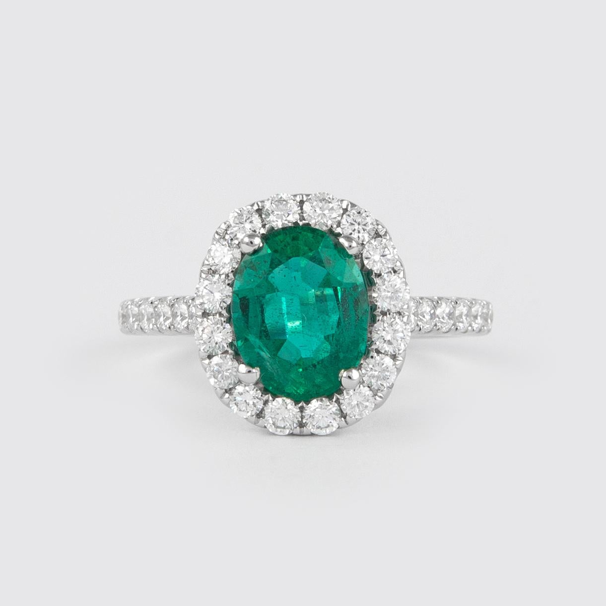 Women's Alexander 1.97 Carat Emerald with Diamond Halo Ring 18 Karat White Gold