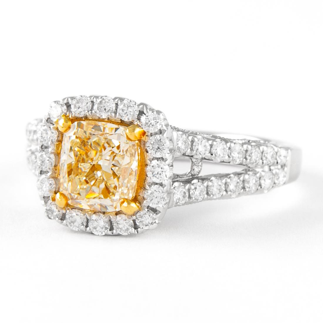 Contemporary Alexander 1.97ctt Fancy Yellow VS1 Cushion Diamond with Halo Ring 18k Two Tone For Sale