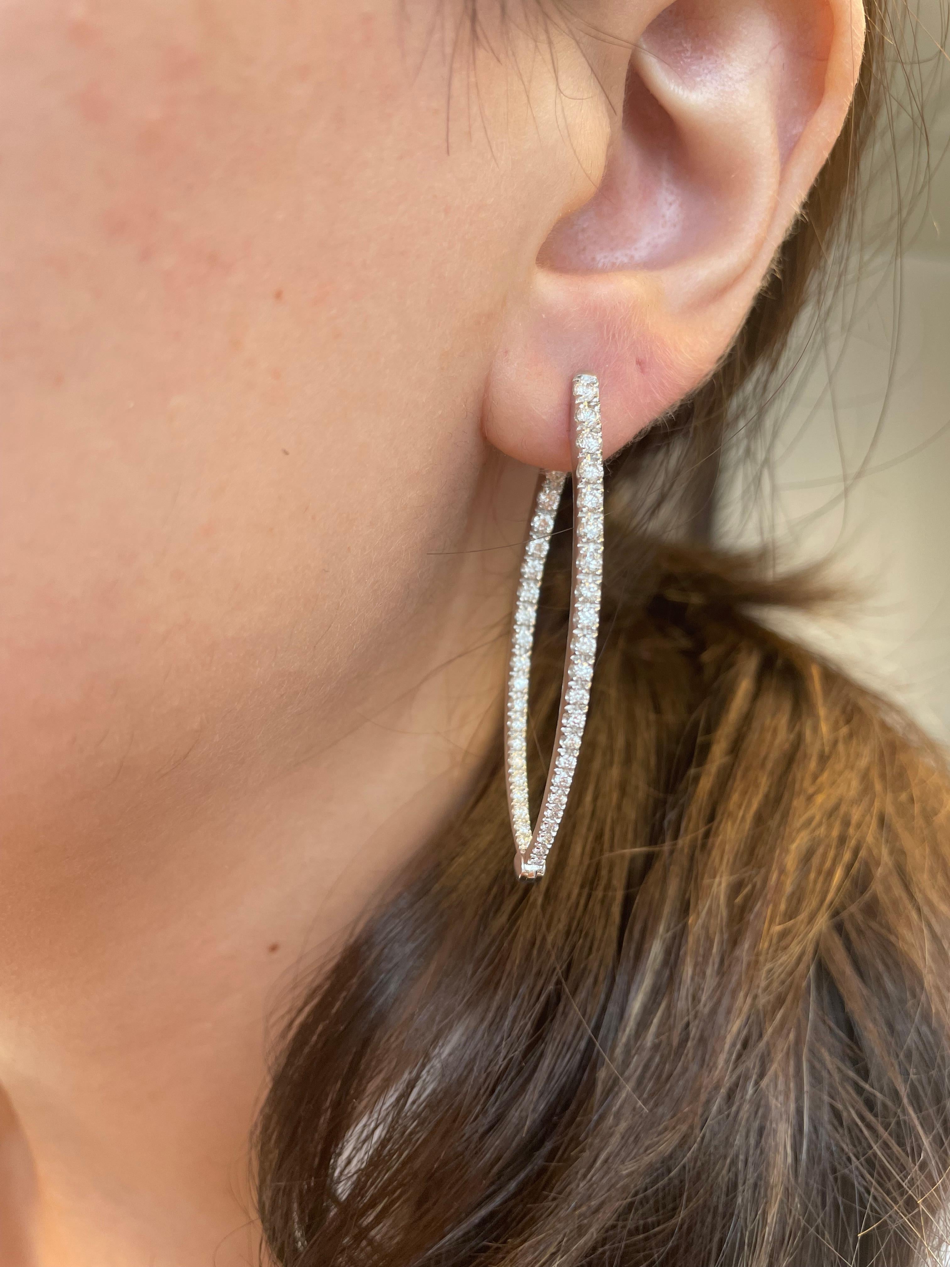Classic diamond hoop earrings, marques like shape. By Alexander Beverly Hills.
82 round brilliant diamonds, 2.00 carats total. Approximately G/H color and VS clarity. Prong set, 18k white gold, 11.72 grams. 
Accommodated with an up to date appraisal