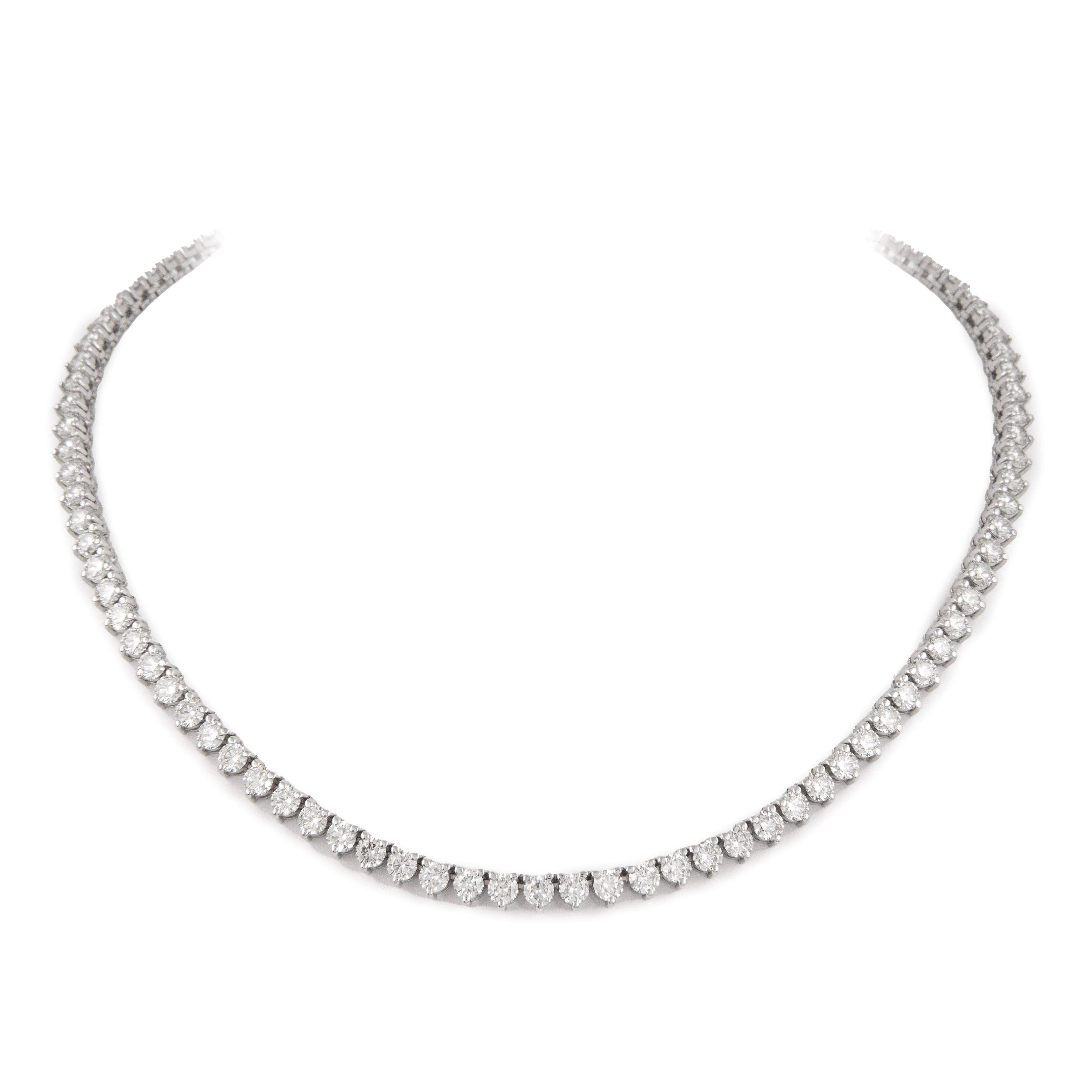 Round Cut Alexander 20.09 Carat Diamond Three-Prong Tennis Necklace 18k White Gold For Sale