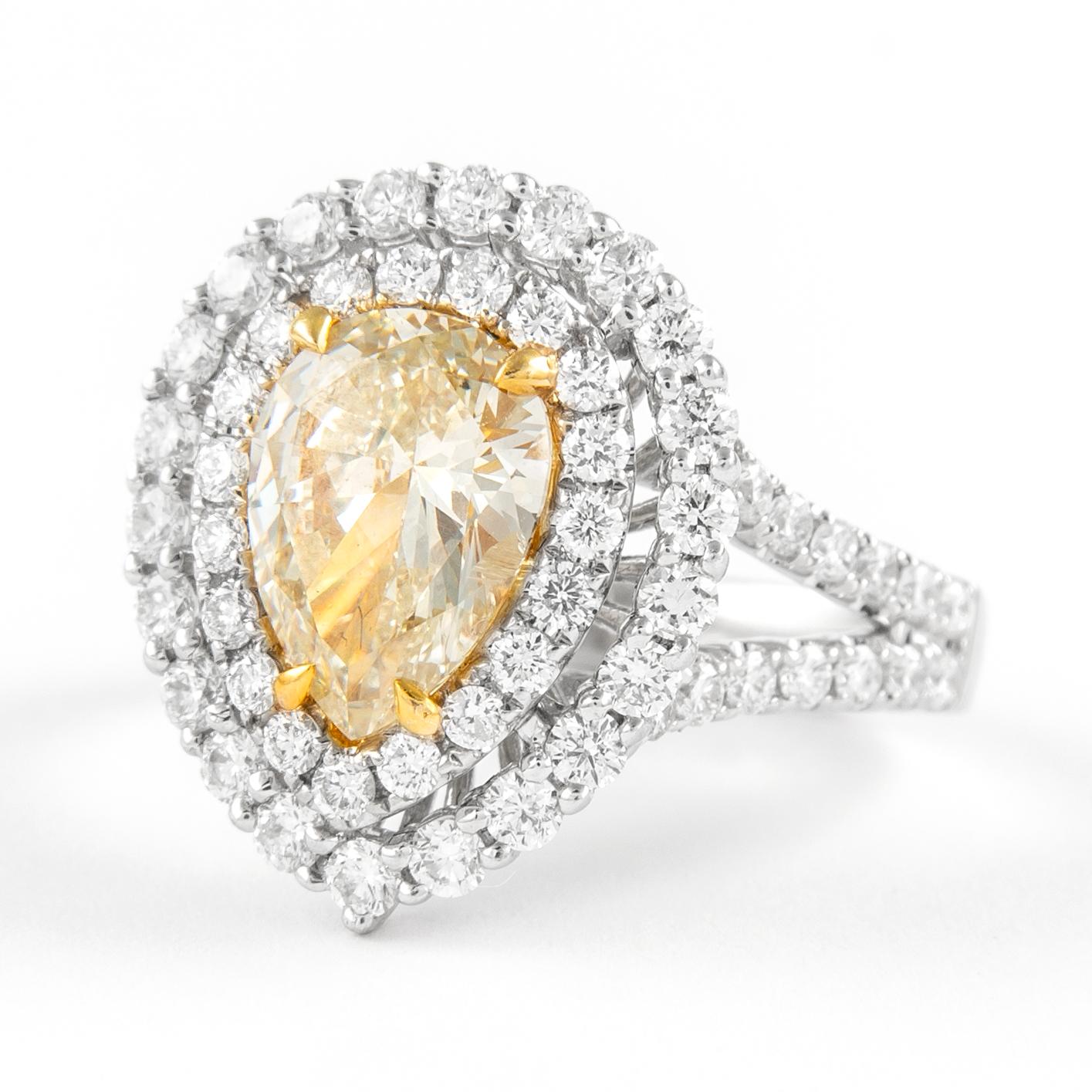 Contemporary Alexander 2.01ct Fancy Yellow Pear Diamond Double Halo Ring 18k Two Tone